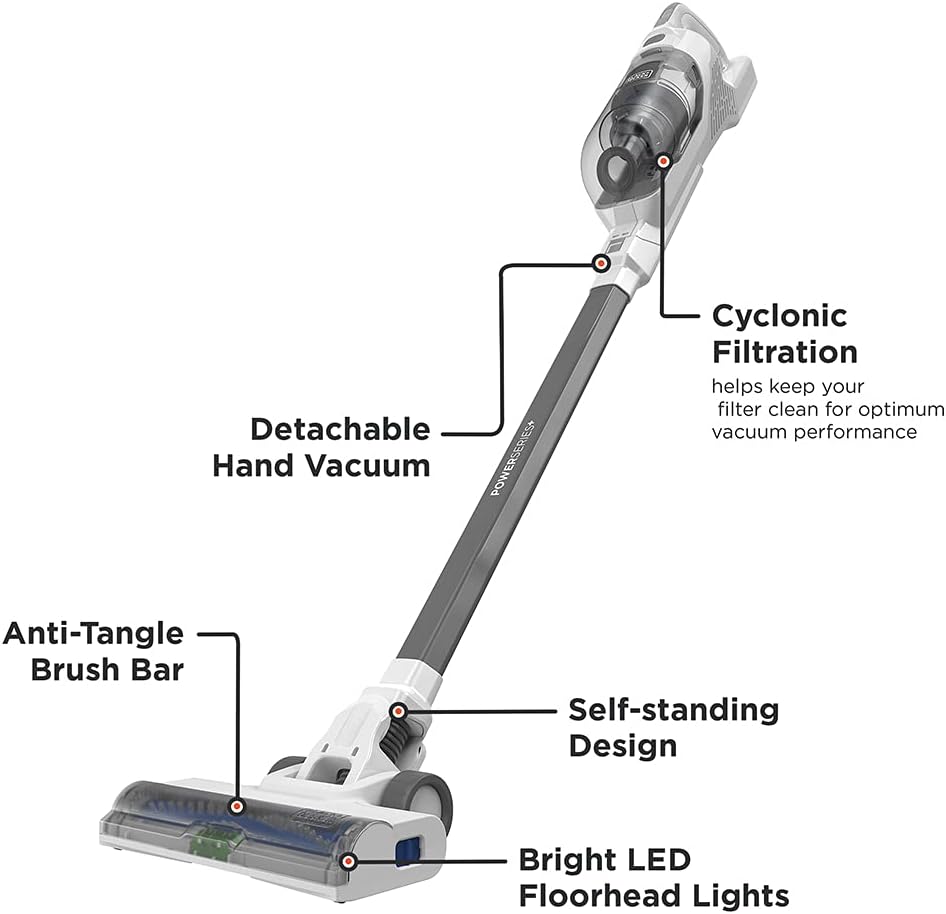 BLACK+DECKER POWERSERIES+ 16V MAX Cordless Stick Vacuum with LED Floor Lights. Lightweight. Multi-Surface. White (BHFEA420J)