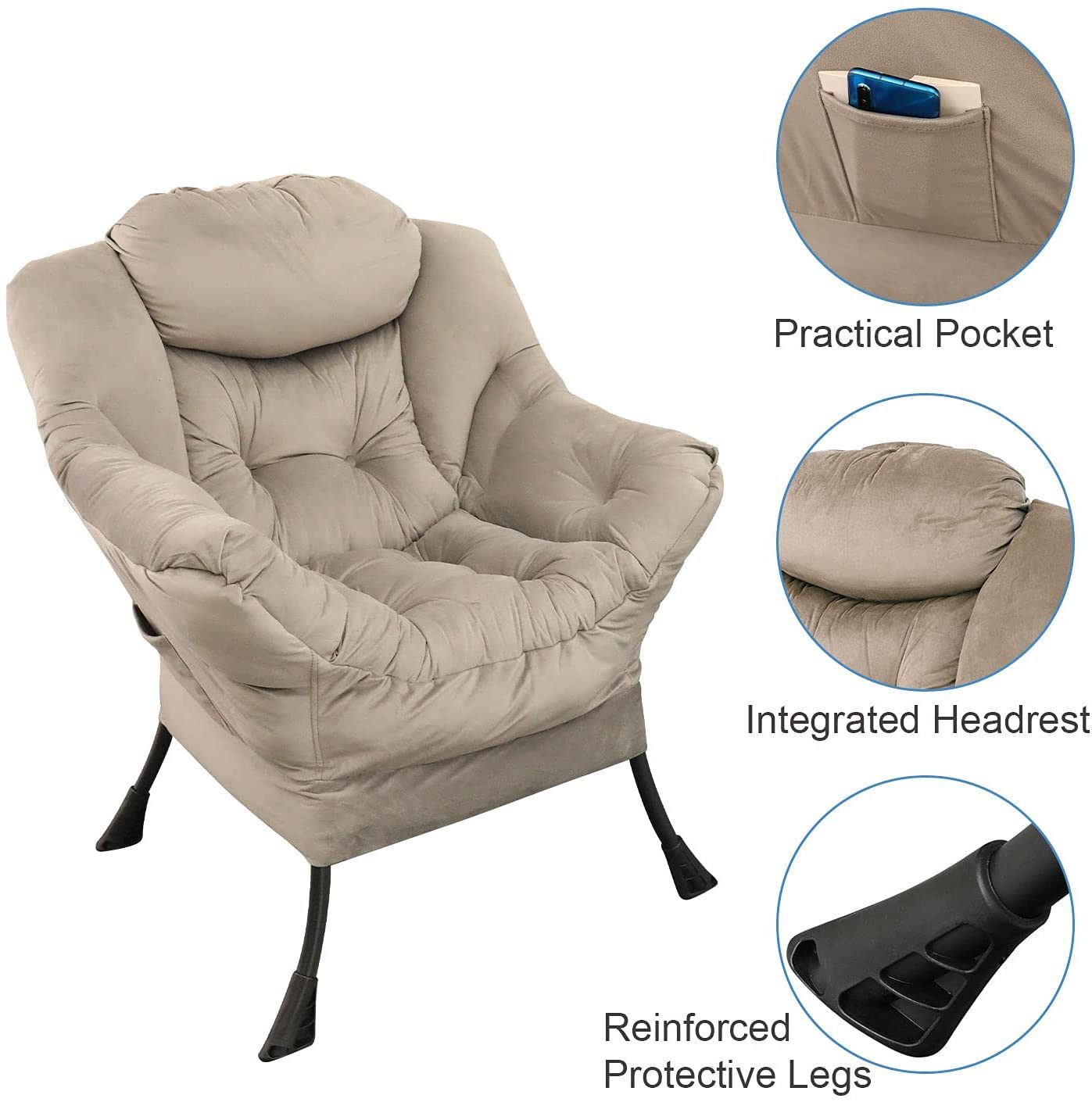 GOLDSUN Accent Chair Lazy Reclining Armchair with Removable Metal Legs and High-Density Foam. Comfy Upholstered Single Sofa Chair for Living Room. Bedroom. Office (Grey)