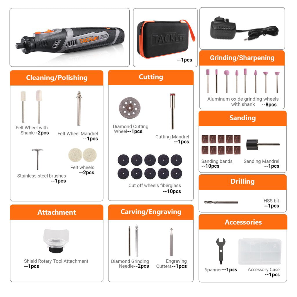 Tacklife Cordless Rotary Tool 8V Motor 2.0 Ah Li-Ion Battery. Long Endurance Power