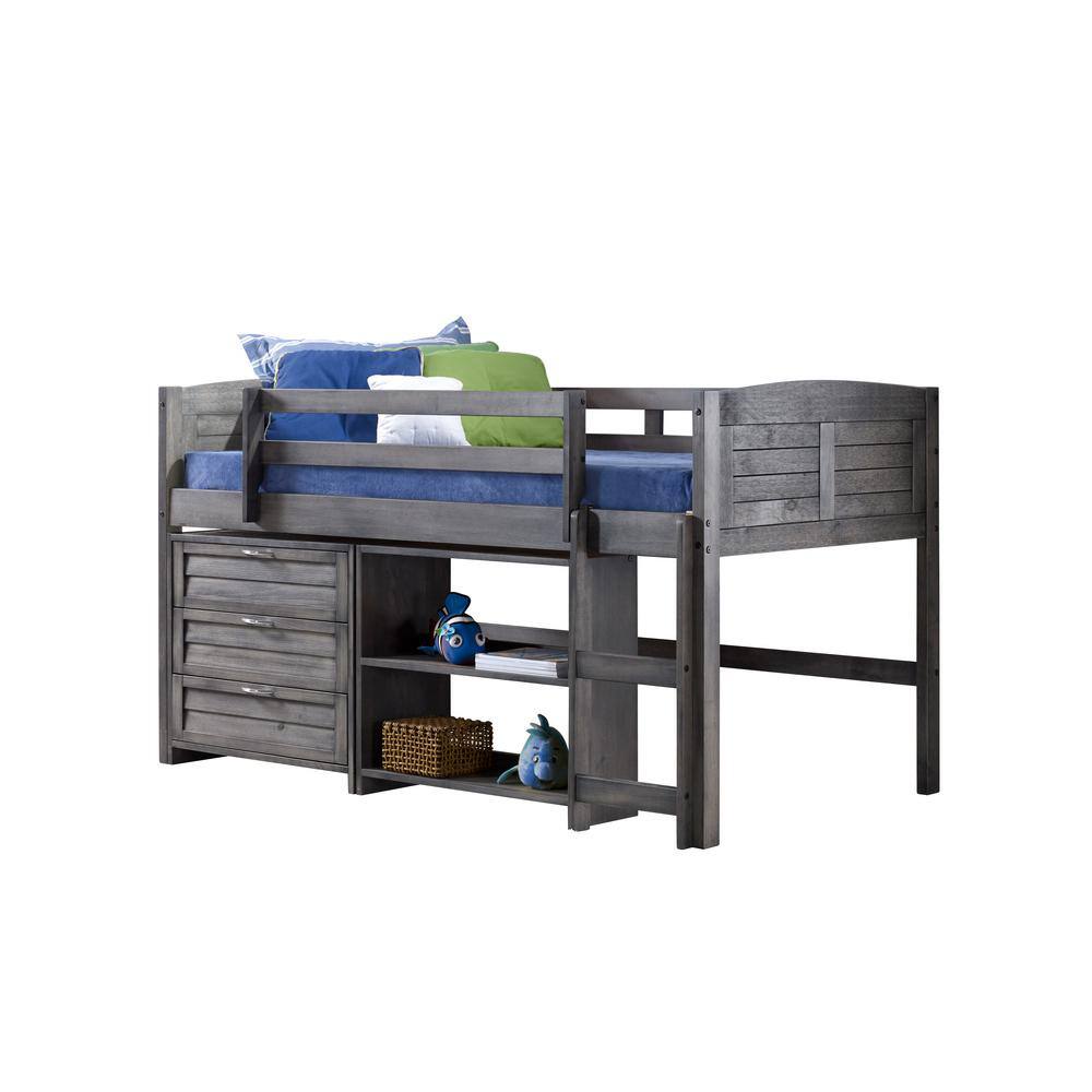 Donco Kids  Antique Grey Twin Louver Low Loft Bed with 3-Drawer Chest and Bookshelf
