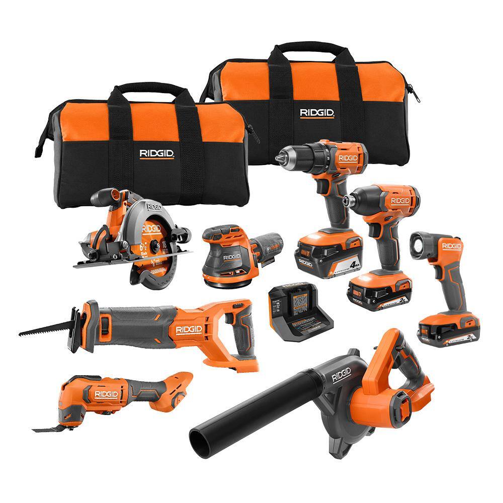 RIDGID R96258 18V Cordless 8-Tool Combo Kit with (2) 2.0 Ah Batteries. (1) 4.0 Ah Battery. Charger. and Bag