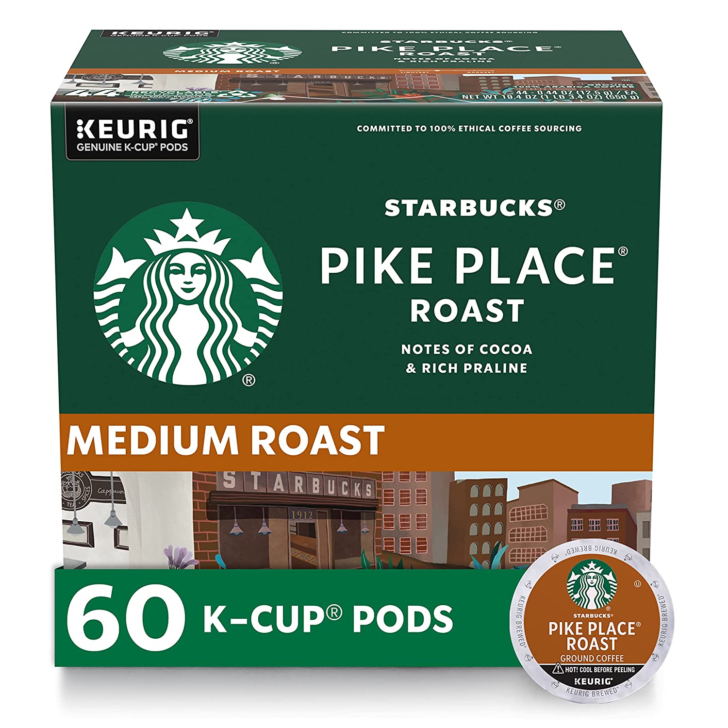 Starbucks K-Cup Coffee Pods. Medium Roast Coffee. Pike Place Roast for Keurig Brewers. 100% Arabica. 6 boxes (60 pods total)