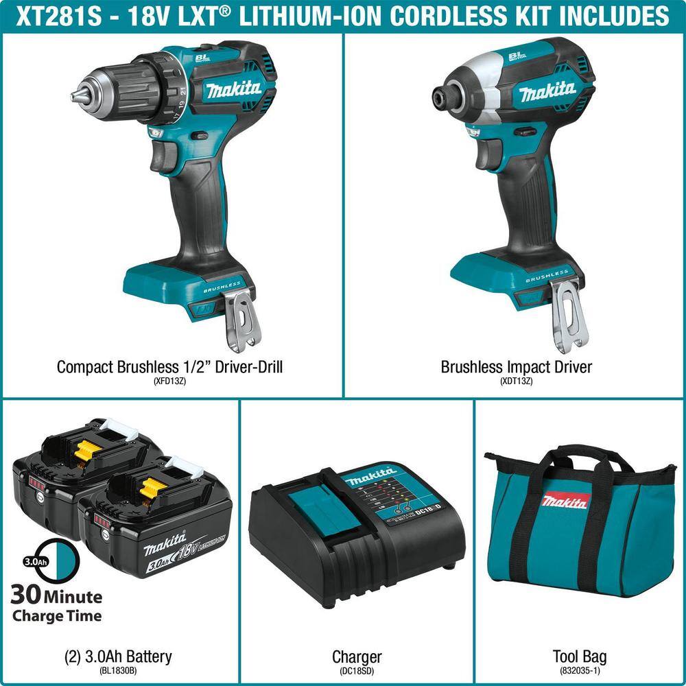 Makita XT281S 18V LXT Lithium-ion Brushless Cordless 2-Piece Combo Kit 3.0Ah Driver-Drill/ Impact Driver