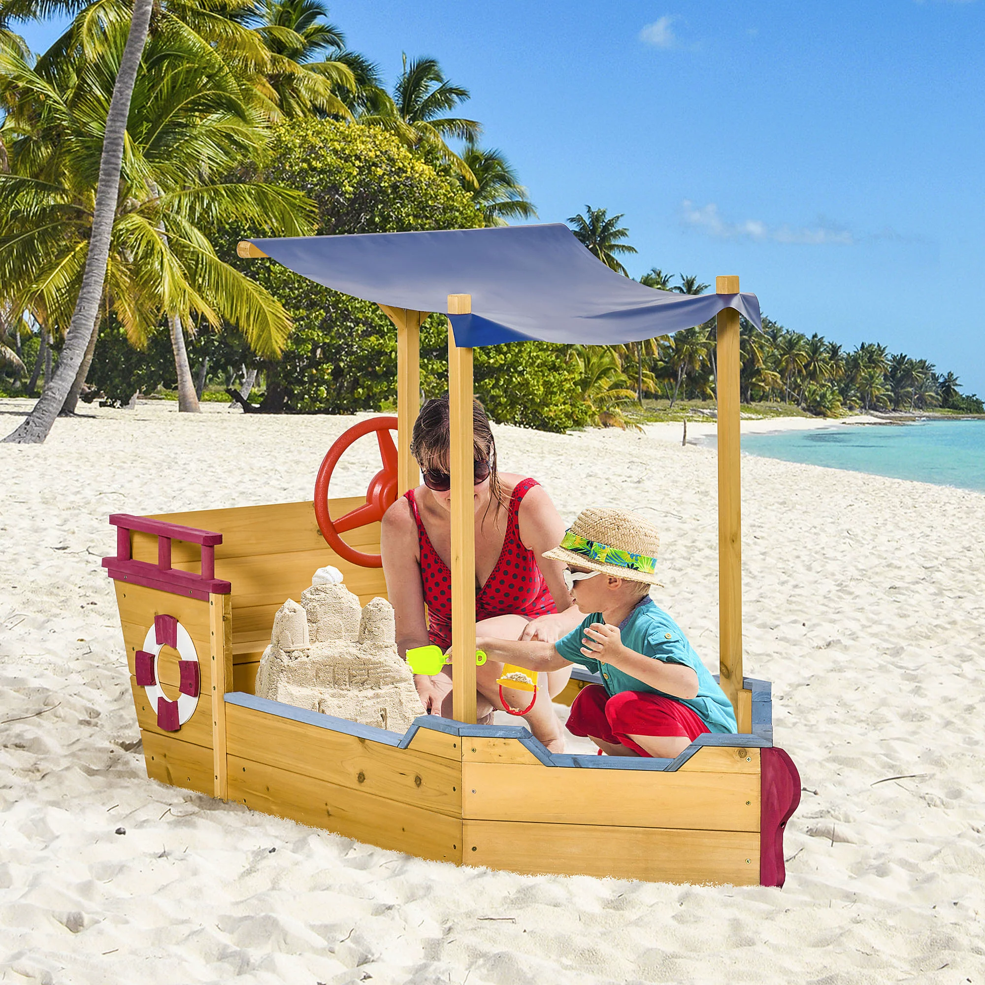 Outsunny Kids Wooden Sandbox Play Station. Covered Children Sand boat Outdoor. for Backyard. w/ Canopy Shade. Storage Bench. Bottom Liner. Aged 3-8 Years Old. Orange