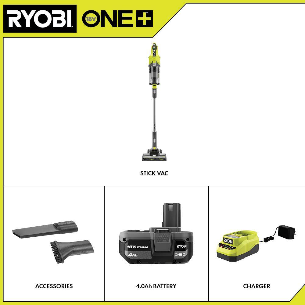 RYOBI PCL720K ONE+ 18V Cordless Stick Vacuum Cleaner Kit with 4.0 Ah Battery and Charger