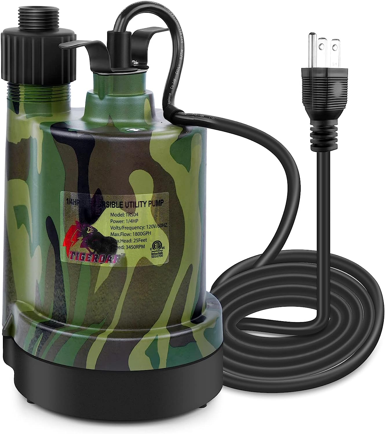 TIGEROAR 120V AC Submersible Water Pump 1/4 HP 1800 GPH Water Transfer Pump with 10 ft. Cord and Sump Pump Hose Adapter for Utility Pump Transferring Water Camouflage Color
