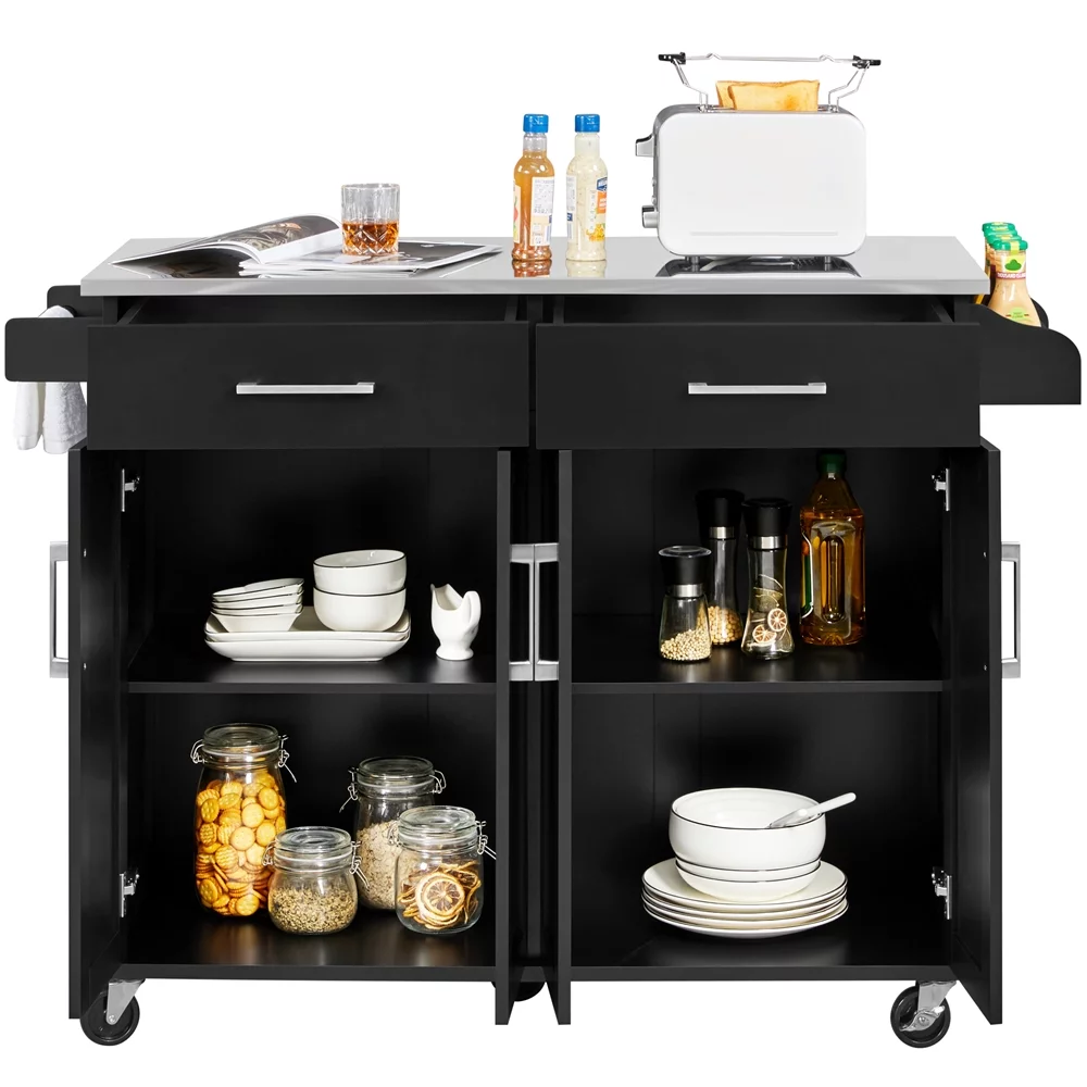 Easyfashion Large Kitchen Island Cart with Stainless steel tabletop. Black