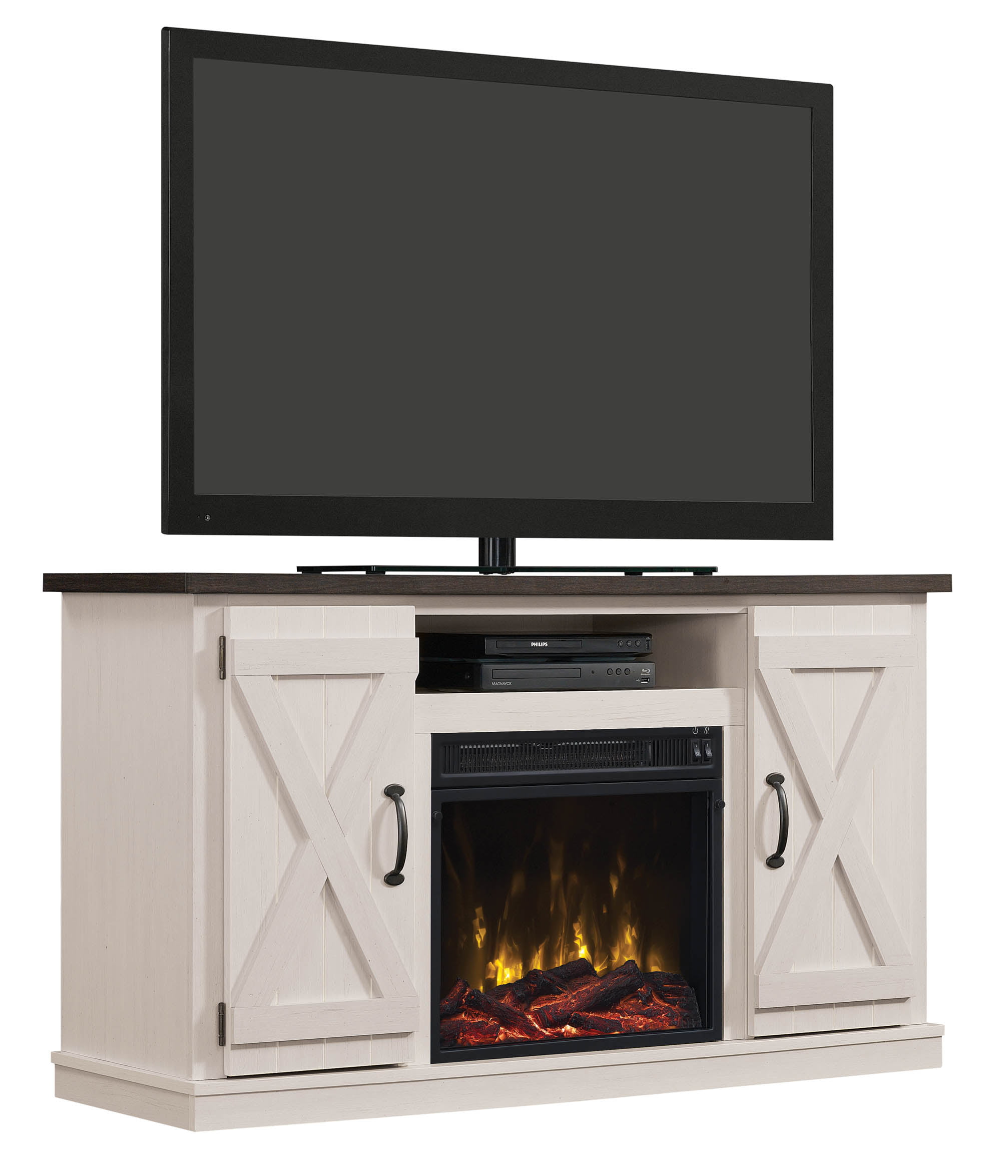 Twin Star Home Barn Door TV Stand for TVs up to 55″ with ClassicFlame Electric Fireplace. Old Wood White