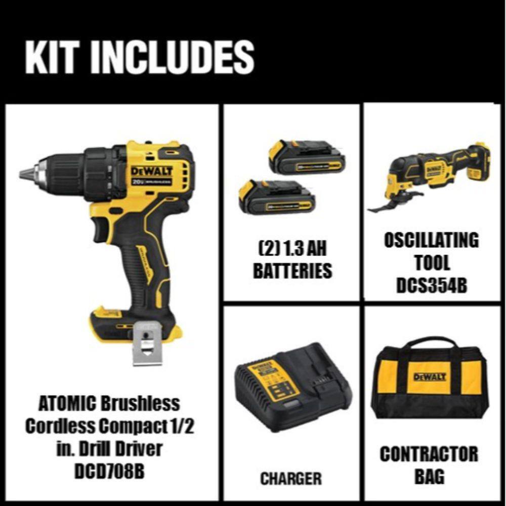 DEWALT DCD708C2W354B ATOMIC 20V MAX Cordless Brushless Compact 1/2 in. Drill/Driver. 20V Oscillating Tool. and (2) 20V 1.3Ah Batteries