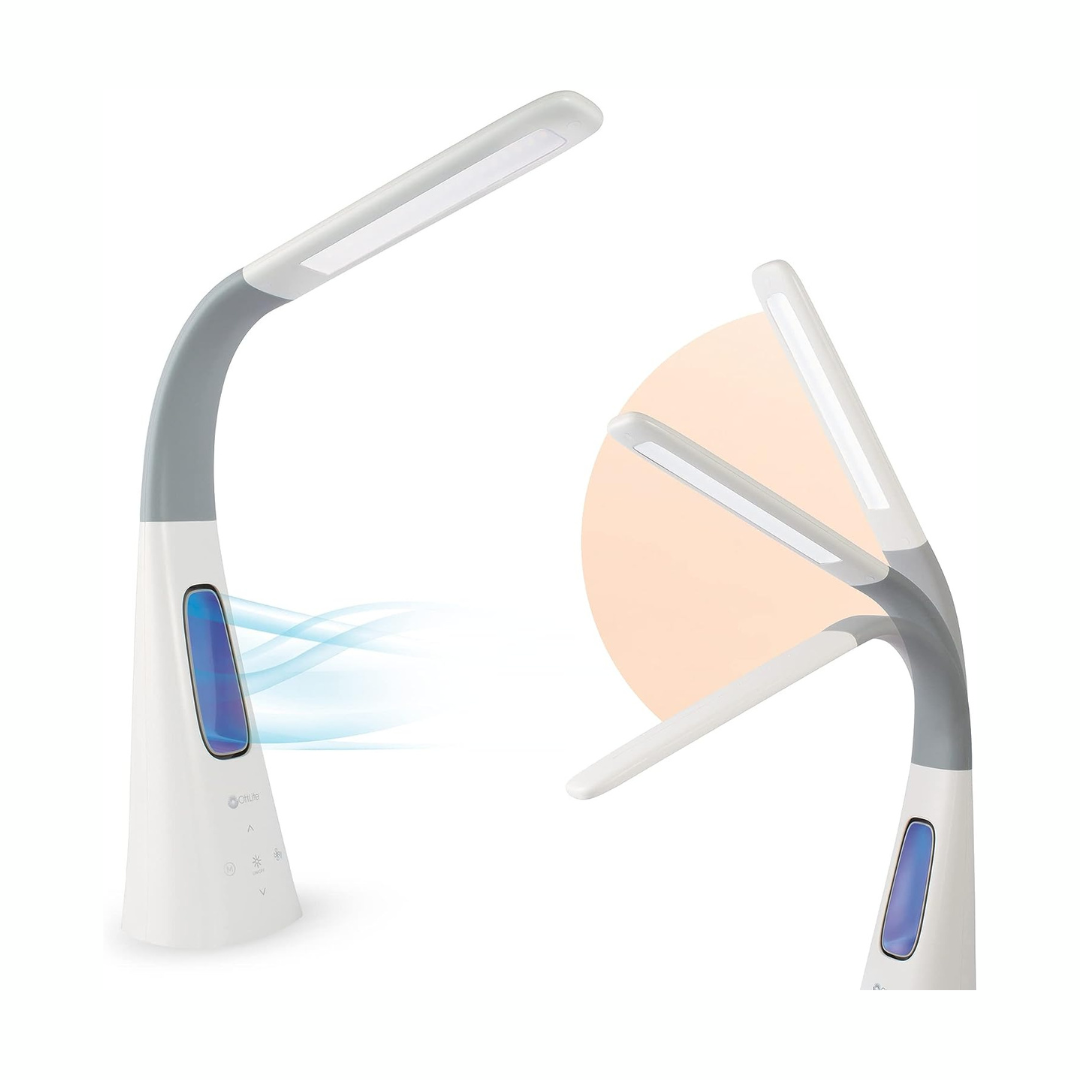OttLite Cool Breeze LED Lamp with Bladeless Fan Desktop. Table or Nightstand Lamp for Studying or Reading - White