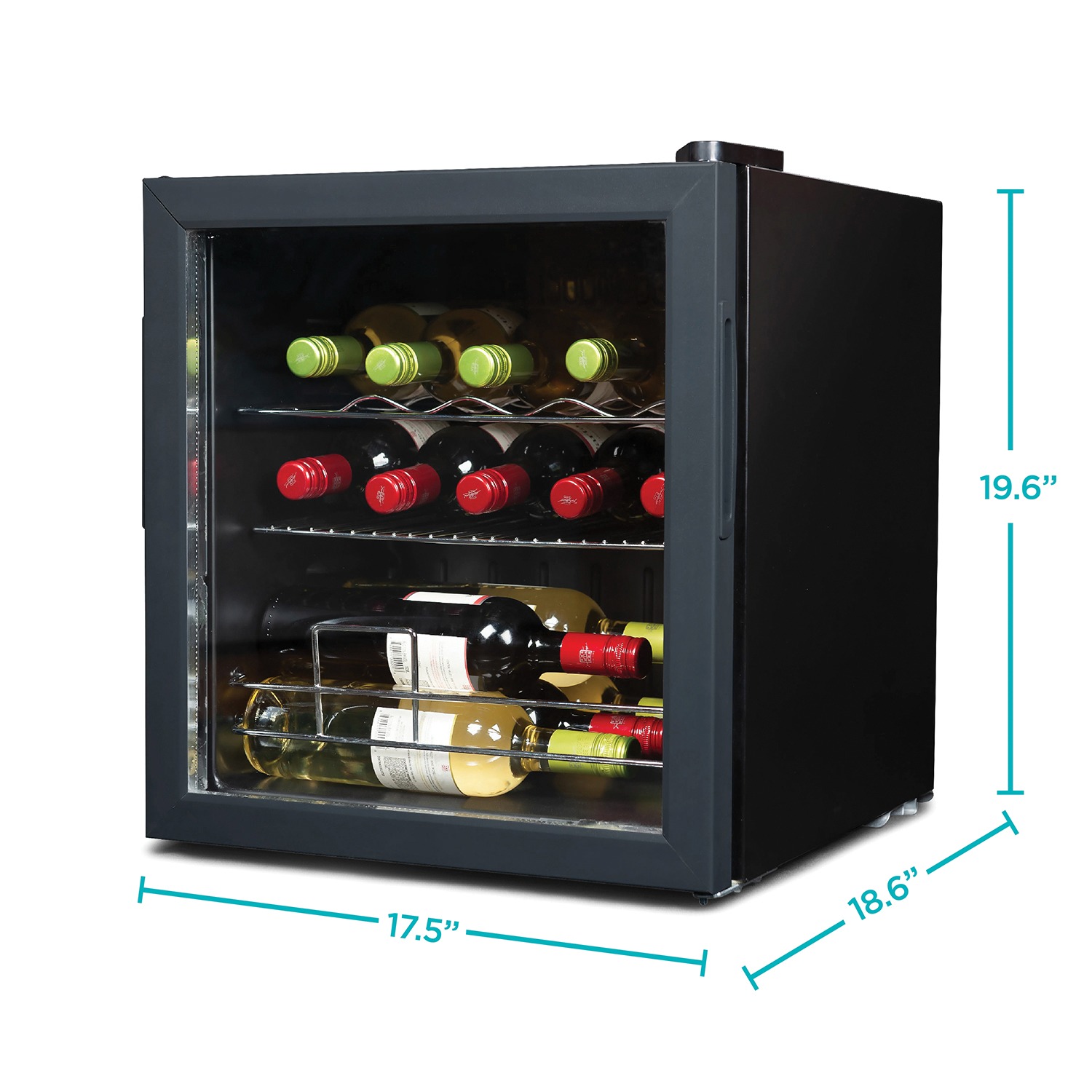 Black+Decker BD61516 Wine Cellar. 14 Bottle Capacity. Double Pane Glass Door with Gray Trim. Black Cabinet