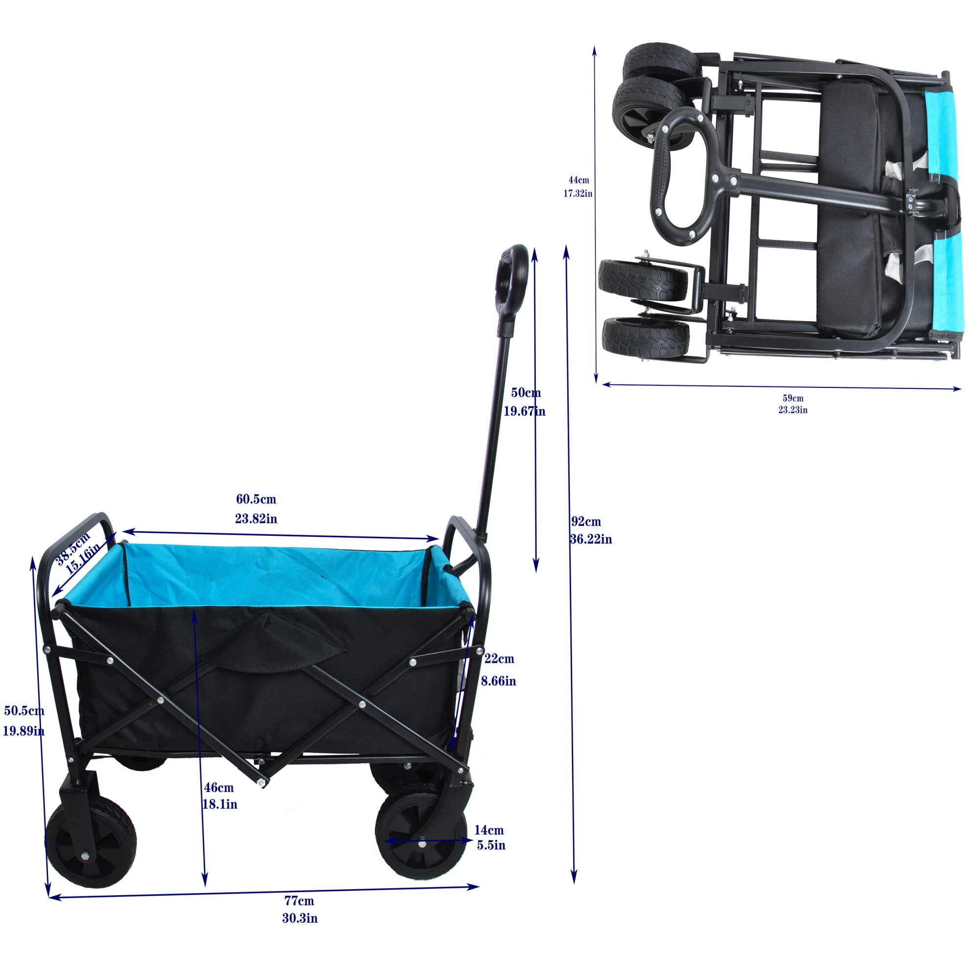 Folding Wagon Garden Shopping Beach Cart (black+blue) 23.82″ x 15.16″ x 8.66″