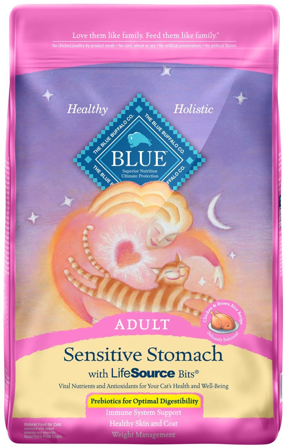 Blue Buffalo Sensitive Stomach Natural Adult Dry Cat Food. Chicken & Brown Rice 15-Lb