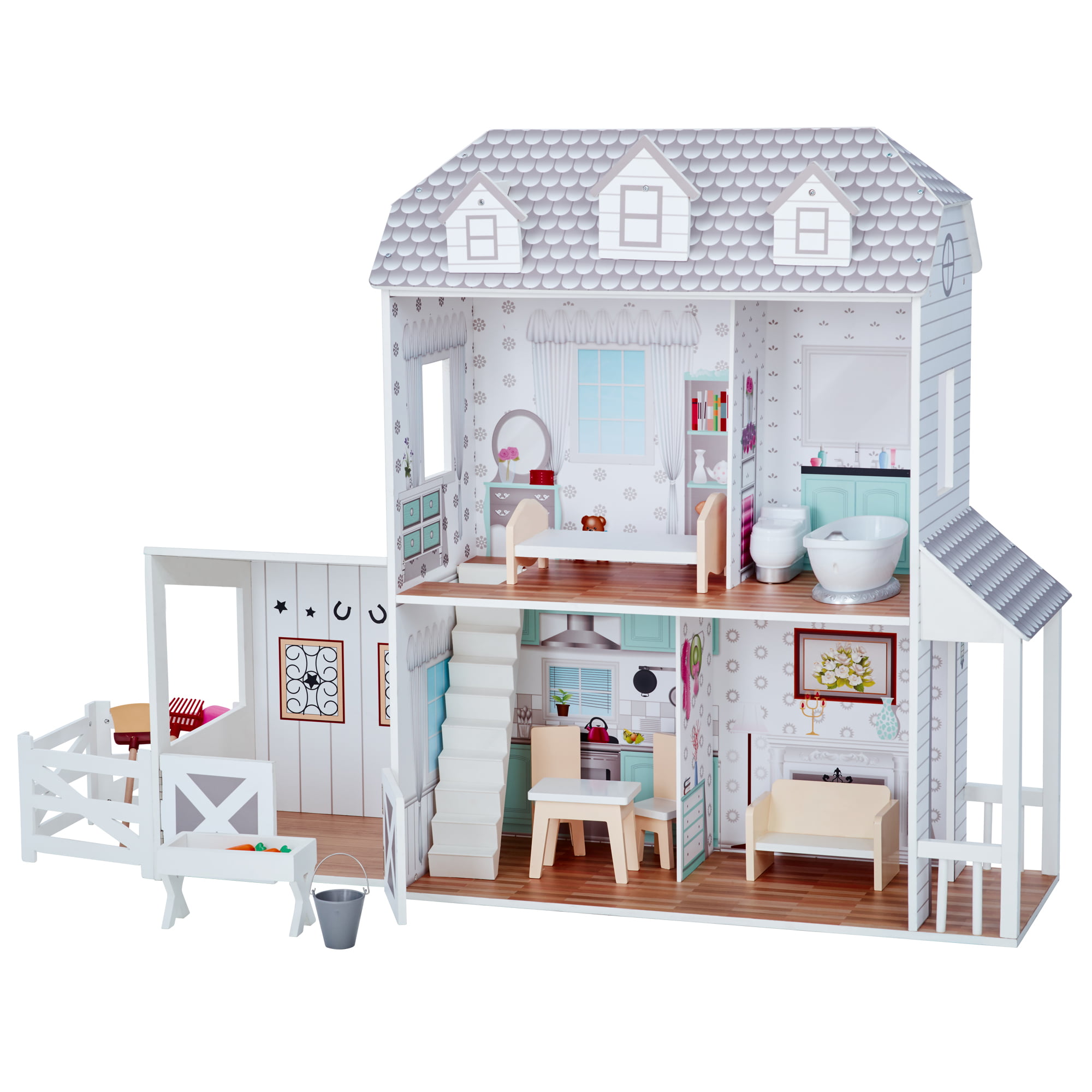 Teamson Kids Dreamland Farm Dollhouse with 14 Accessories. White/Gray