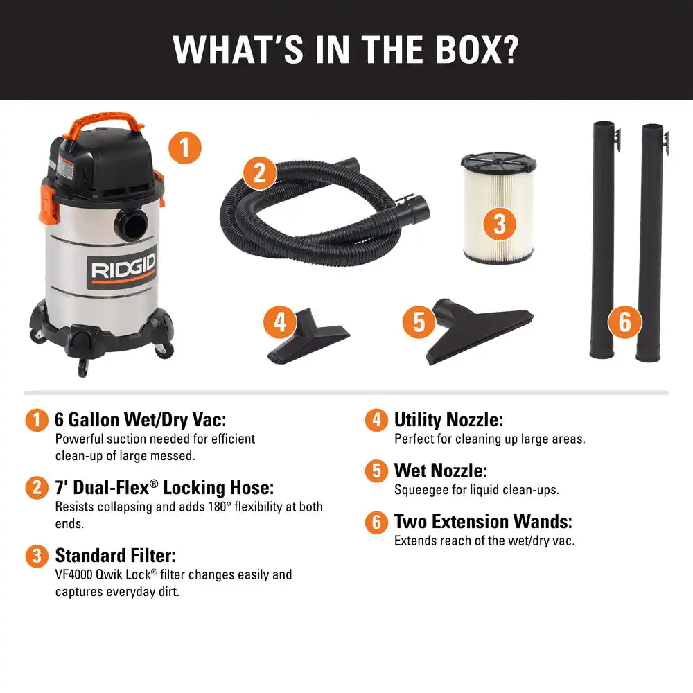 RIDGID WD6425 6 Gallon 4.25 Peak HP Stainless Steel Wet/Dry Shop Vacuum with Filter. Locking Hose and Accessories
