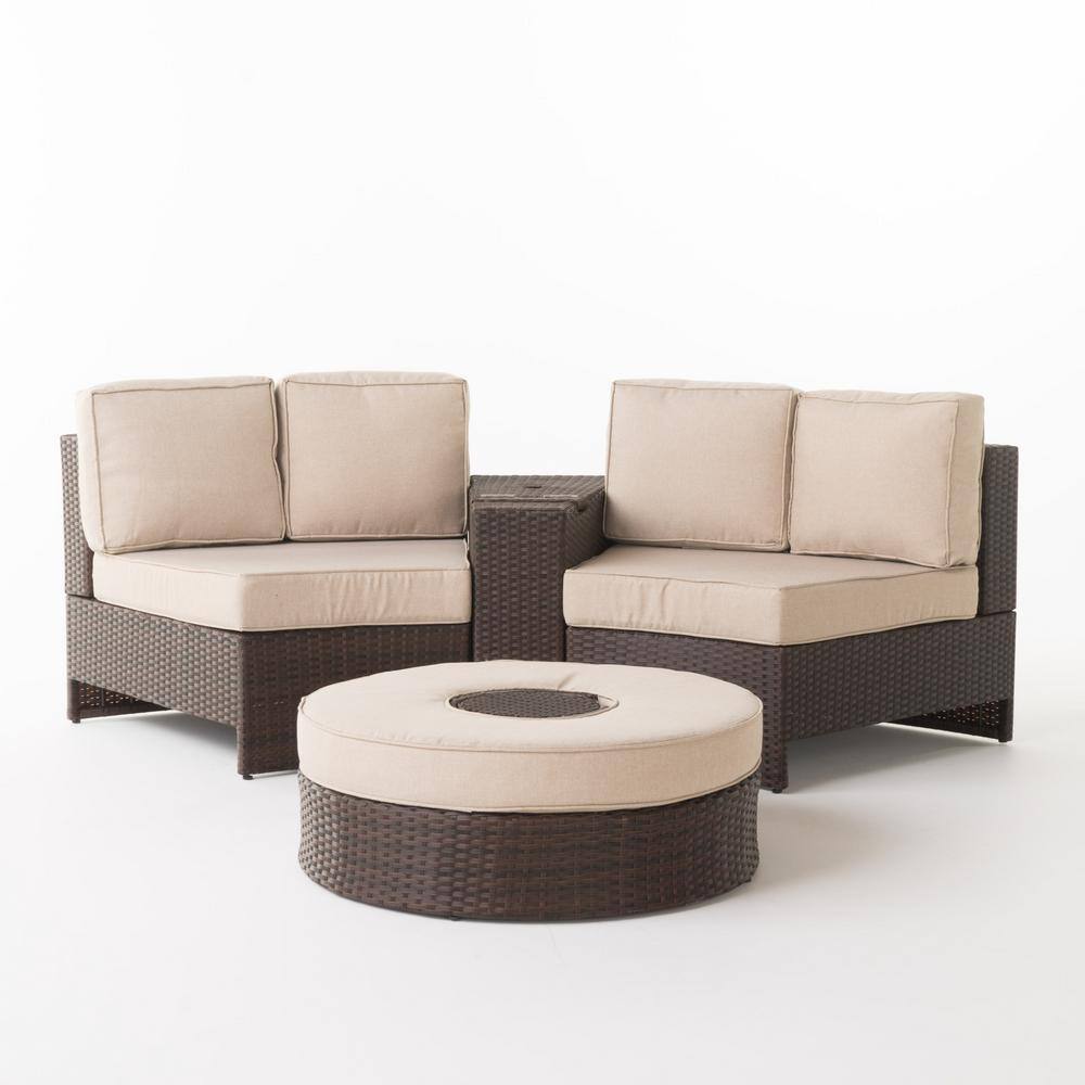 Noble House  4-Piece Plastic Patio Sectional Seating Set with Textured Beige Cushions