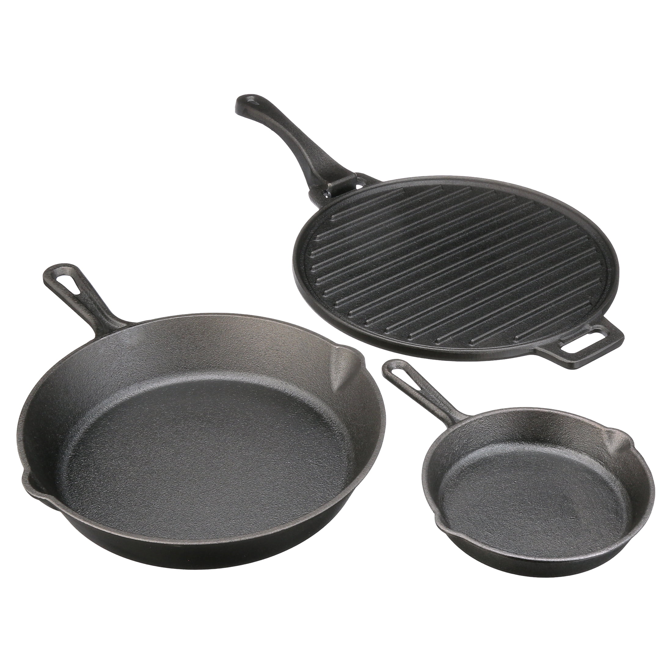 Ozark Trail 4-piece Cast Iron Skillet Set with Handles and Griddle. Pre-seasoned. 6″. 10.5″. 11″