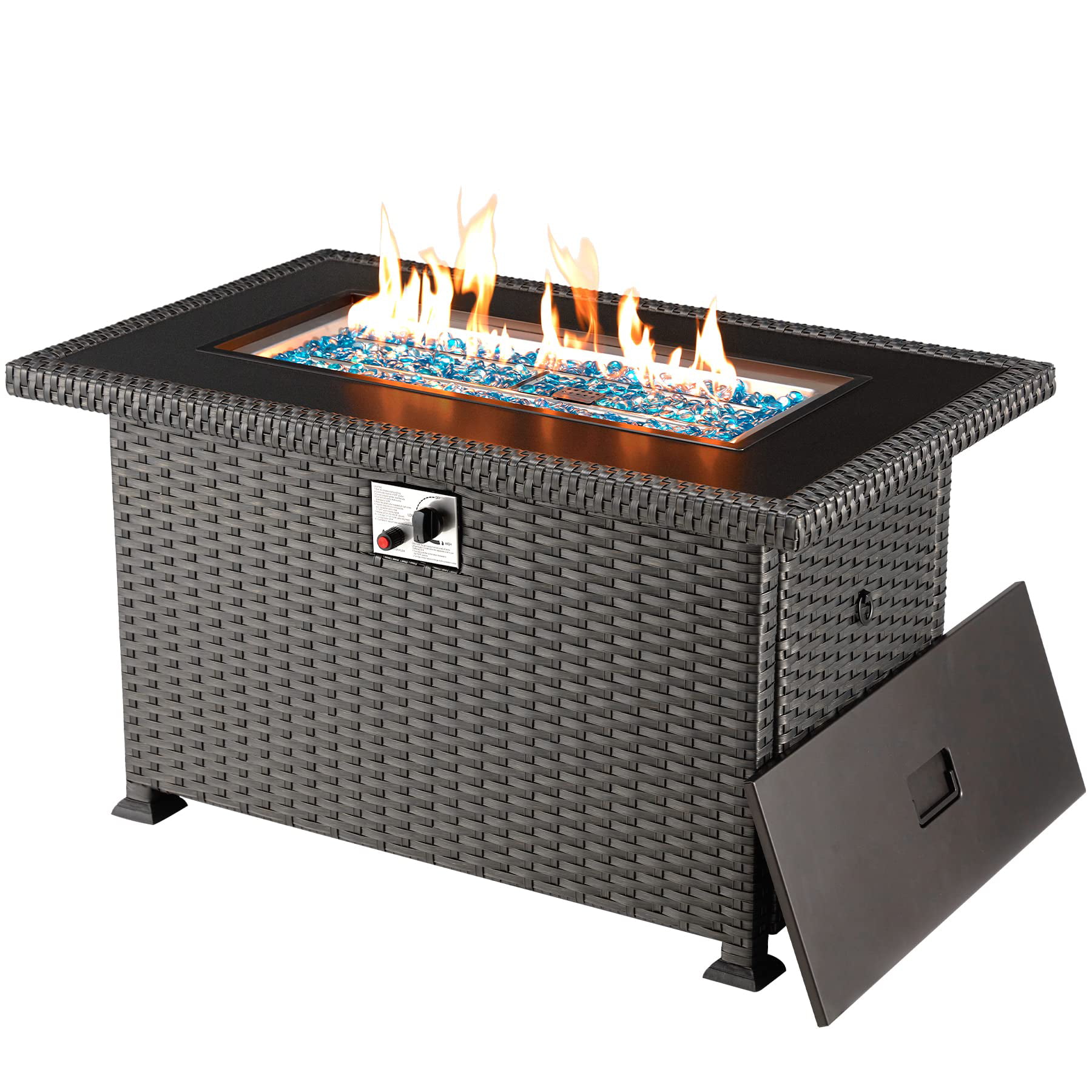 44 in Propane Fire Pit Table.Rattan Fire Pit Table with Lid. Waterproof Cover. 50.000 BTU Gas Firepits for Outside Output