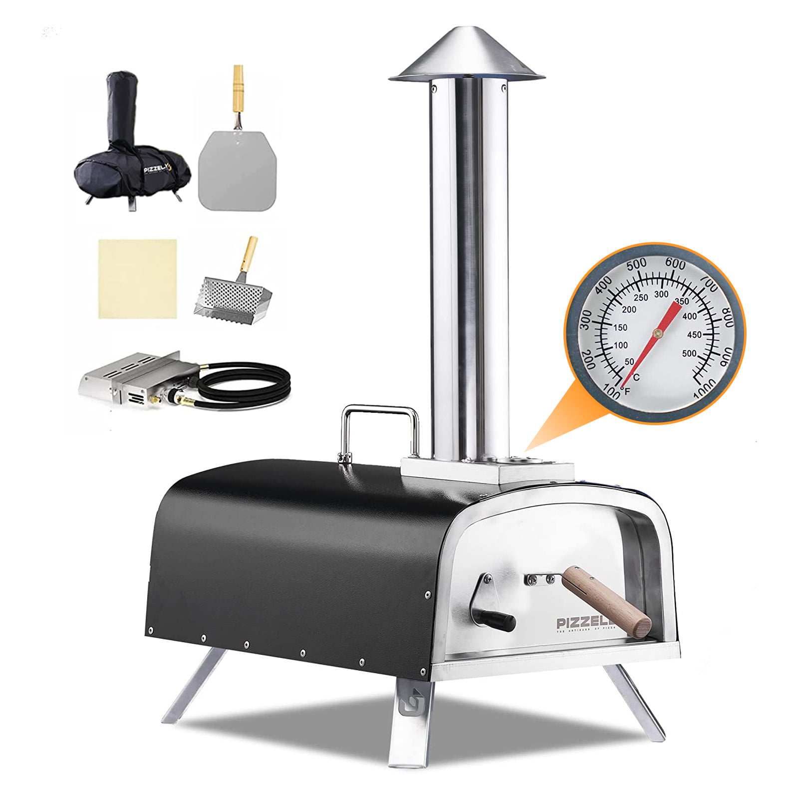 PIZZELLO Outdoor Pizza Oven 12″ Propane & Wood Fired Dual Fuel with Gas Burner. Wood Tray. Pizza Stone. Pizza Peel. Carry Bag. Thermometer - Black