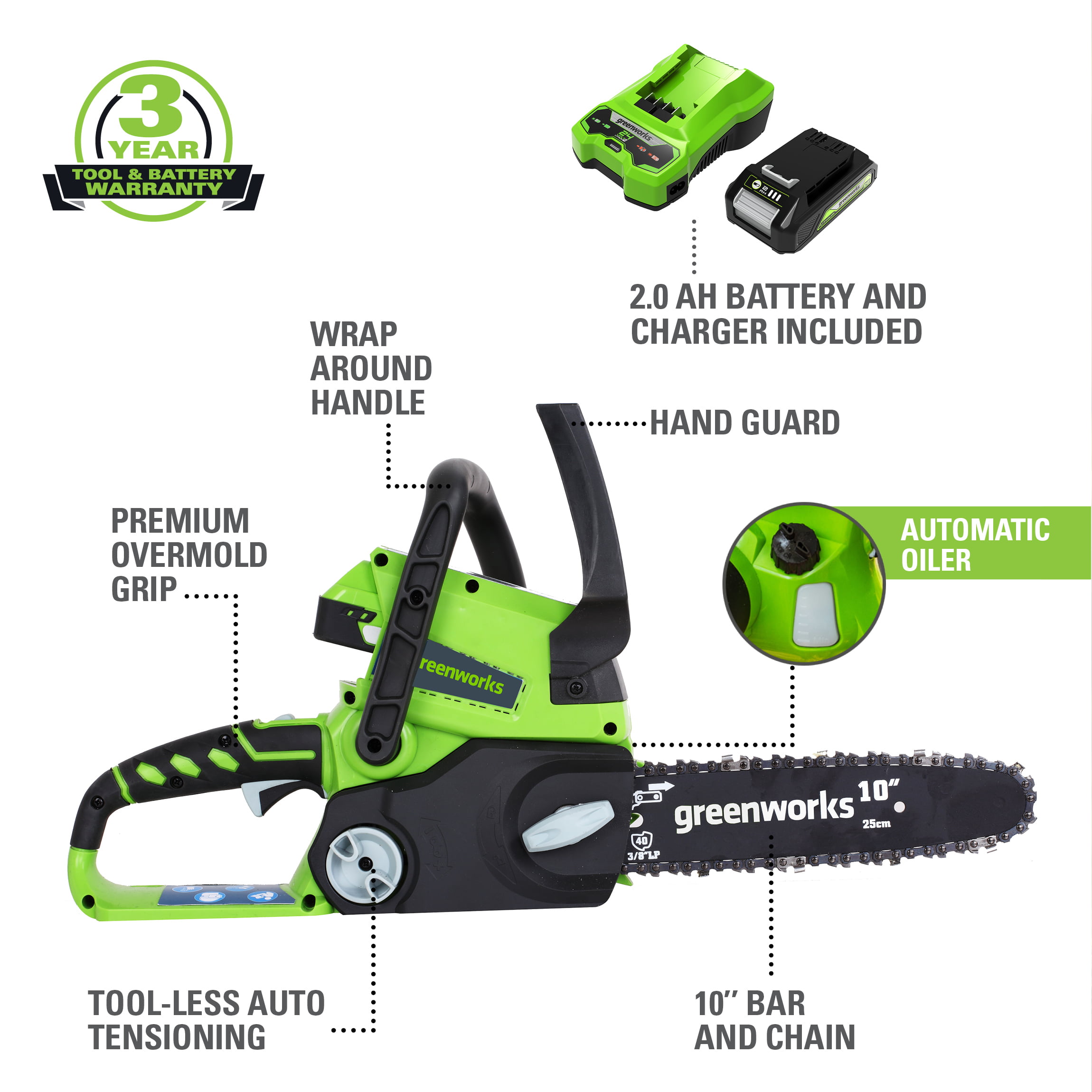 Greenworks 24V 10″ Cordless Chainsaw with 2.0 Ah Battery and Charger. 20362