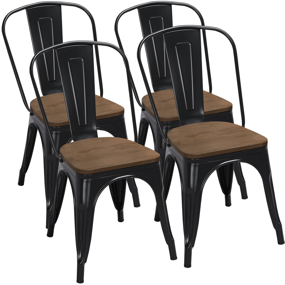 Alden Design Metal Stackable Dining Chairs with Wooden Seat. Set of 4. Black