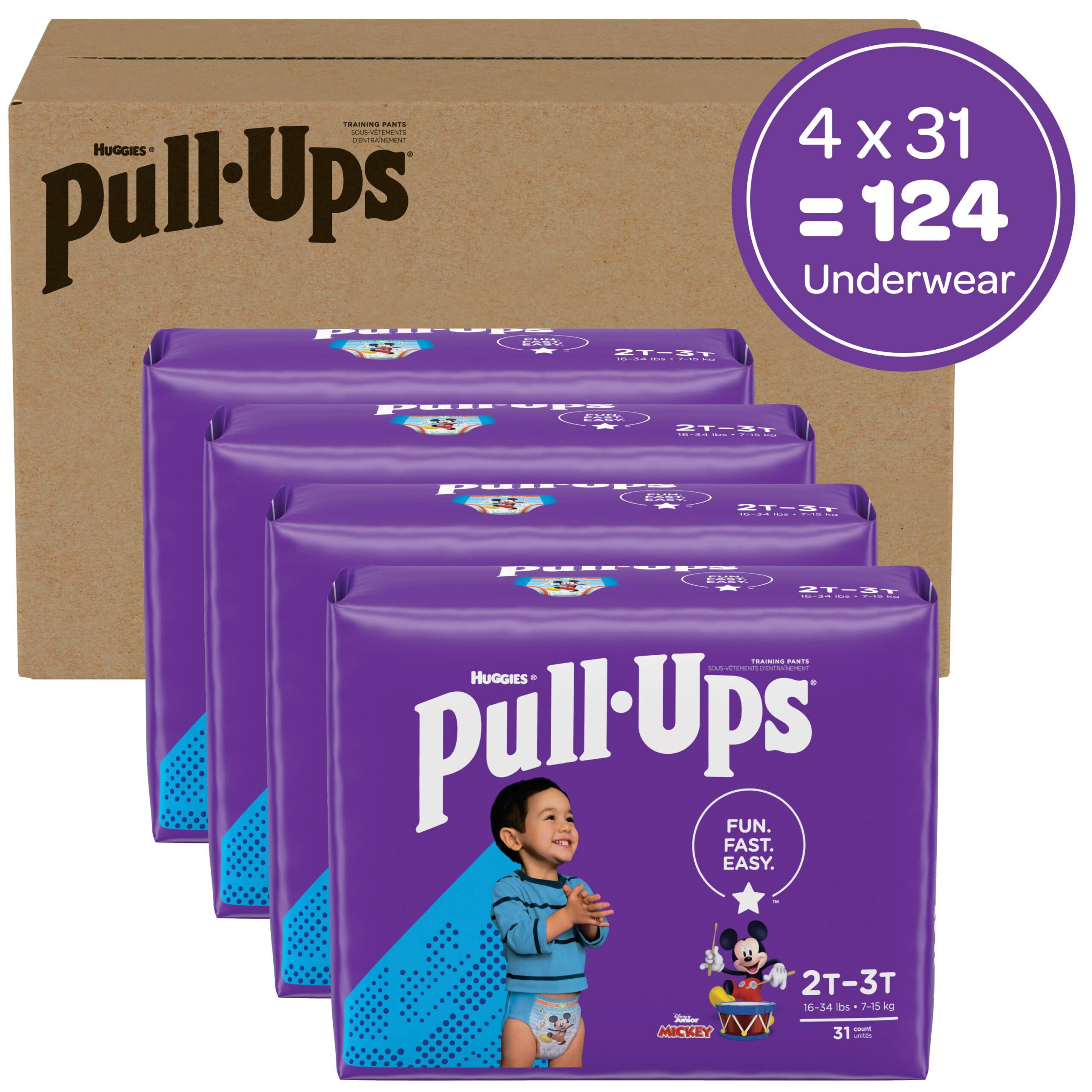 Huggies Pull-Ups Boys- Potty Training Pants Size 4. 124 Ct. 2T-3T (16-34 lb.). One Month Supply