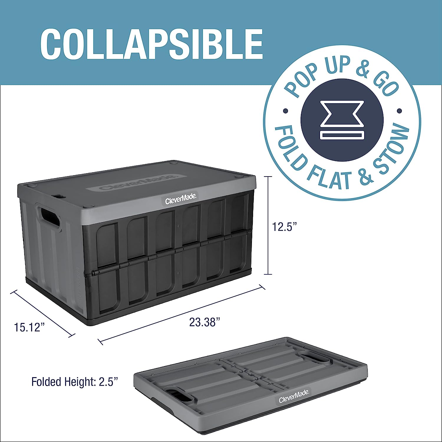 CleverMade 62L Collapsible Storage Bins with Lids - Folding Plastic Stackable Utility Crates. Solid Wall CleverCrates. 3 Pack. Charcoal (8034119-1533PK)