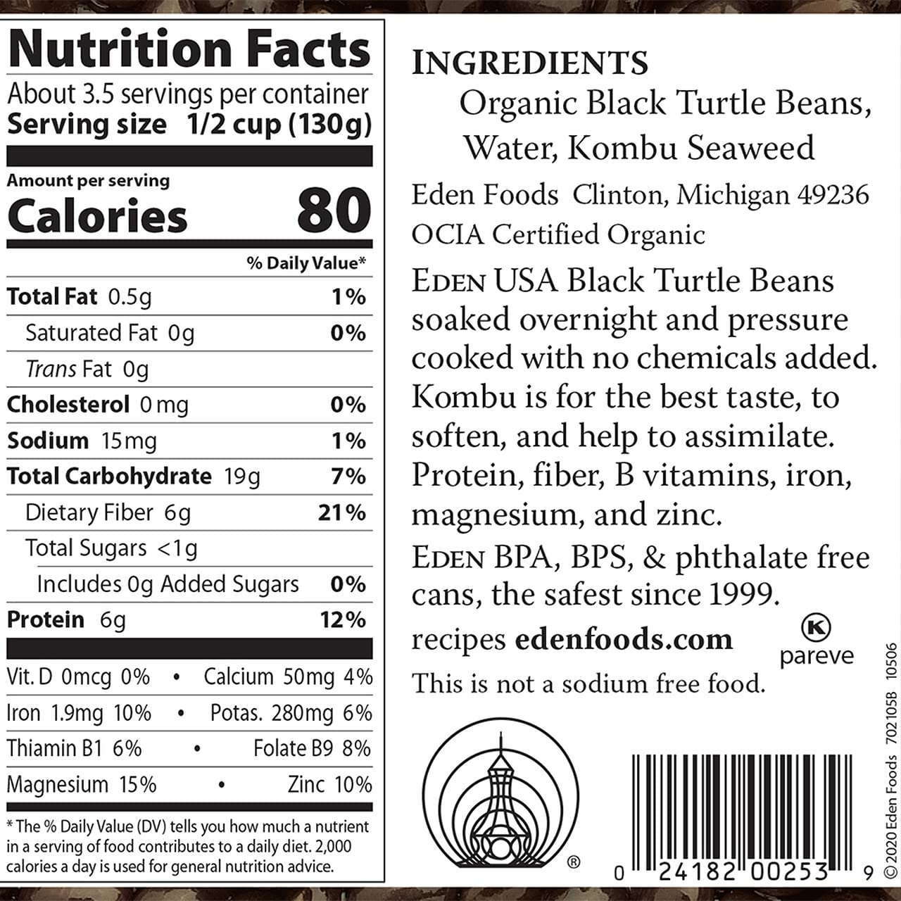 Eden Organic Black Beans. 15 oz Can (12-Pack Case)