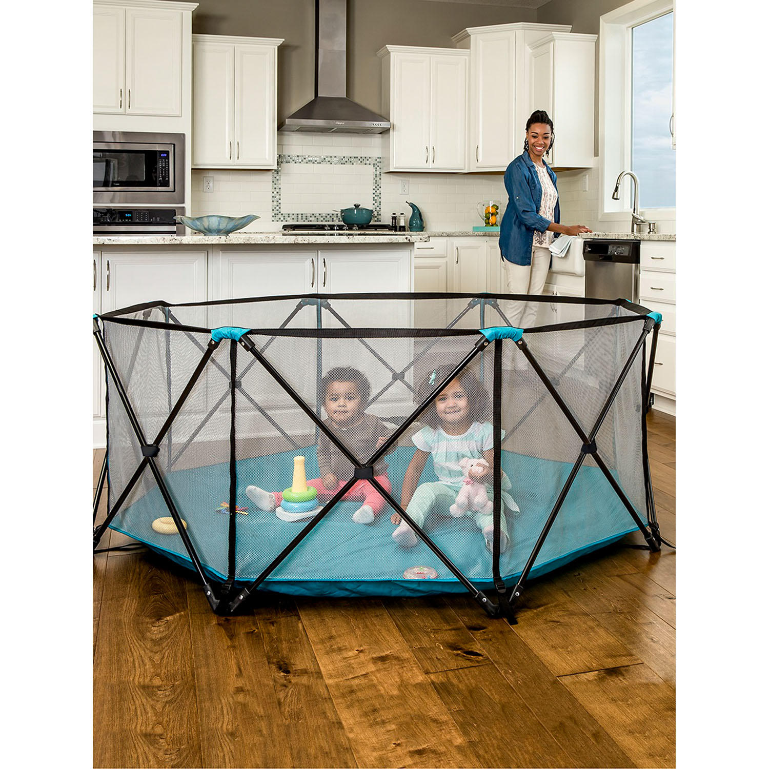 Regalo My Play Deluxe Extra Large Portable Play Yard Indoor and Outdoor. Bonus Kit. Washable. Teal. 8-Panel