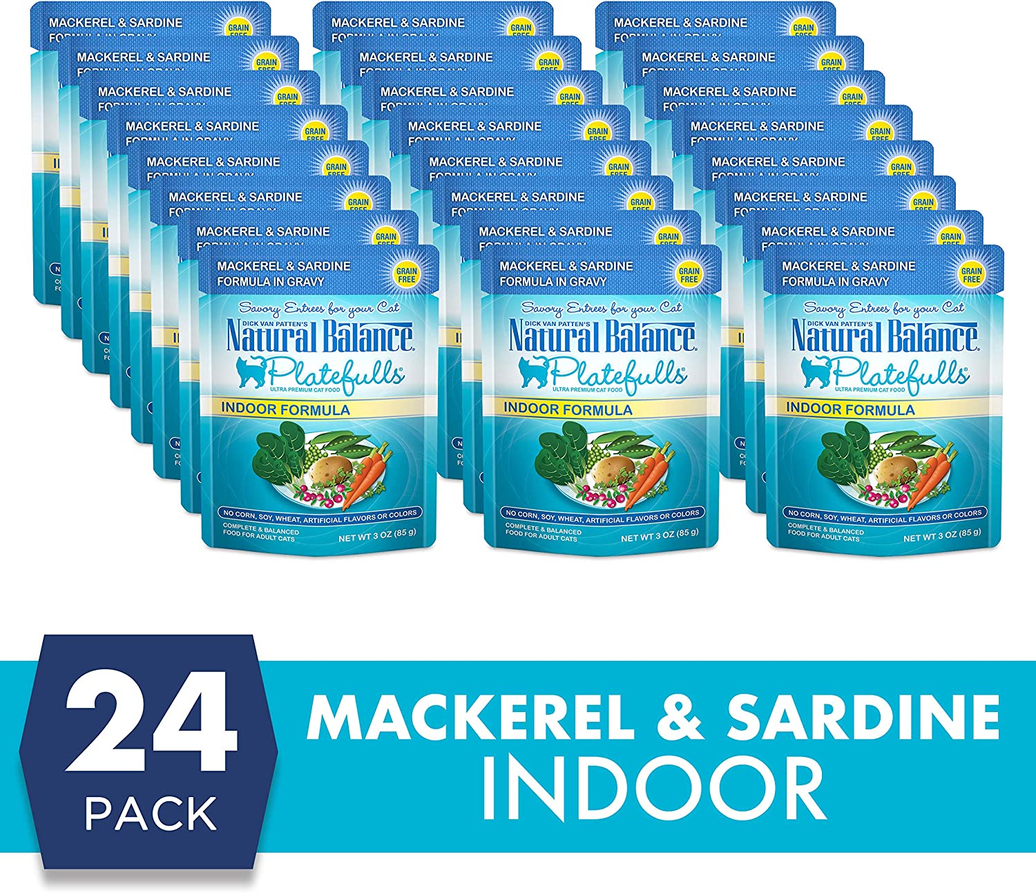 Natural Balance Platefulls Indoor Formula Mackerel & Sardine in Gravy Grain-Free Cat Food Pouches 3-oz pouch case of 24
