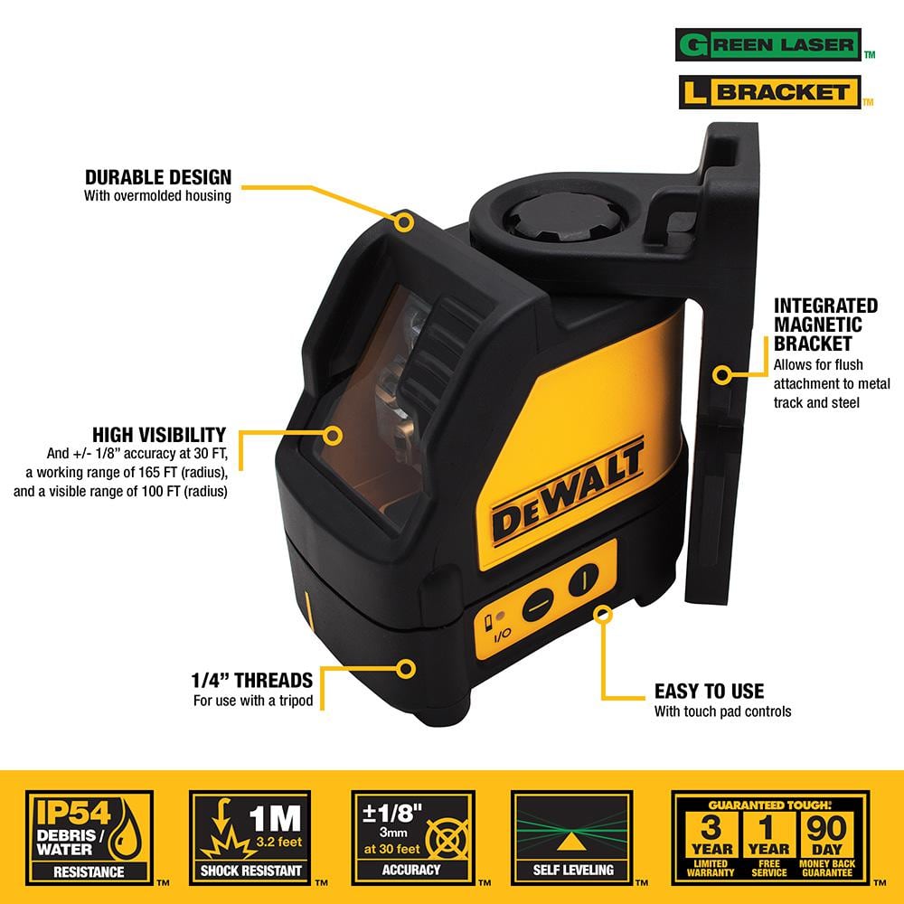 DEWALT DW088CG 100 ft. Green Self-Leveling Cross Line Laser Level with (3) AA Batteries & Case