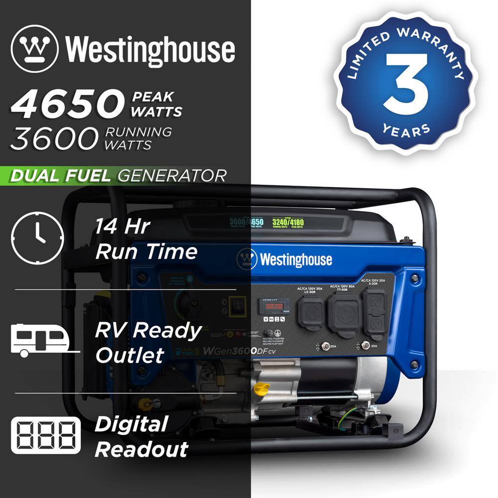 Westinghouse WGen3600DFcv WGen3600DFcv 4.650-Watt/3.600-Watt Recoil Start Dual Fuel Powered RV-Ready Portable Generator with CO Sensor