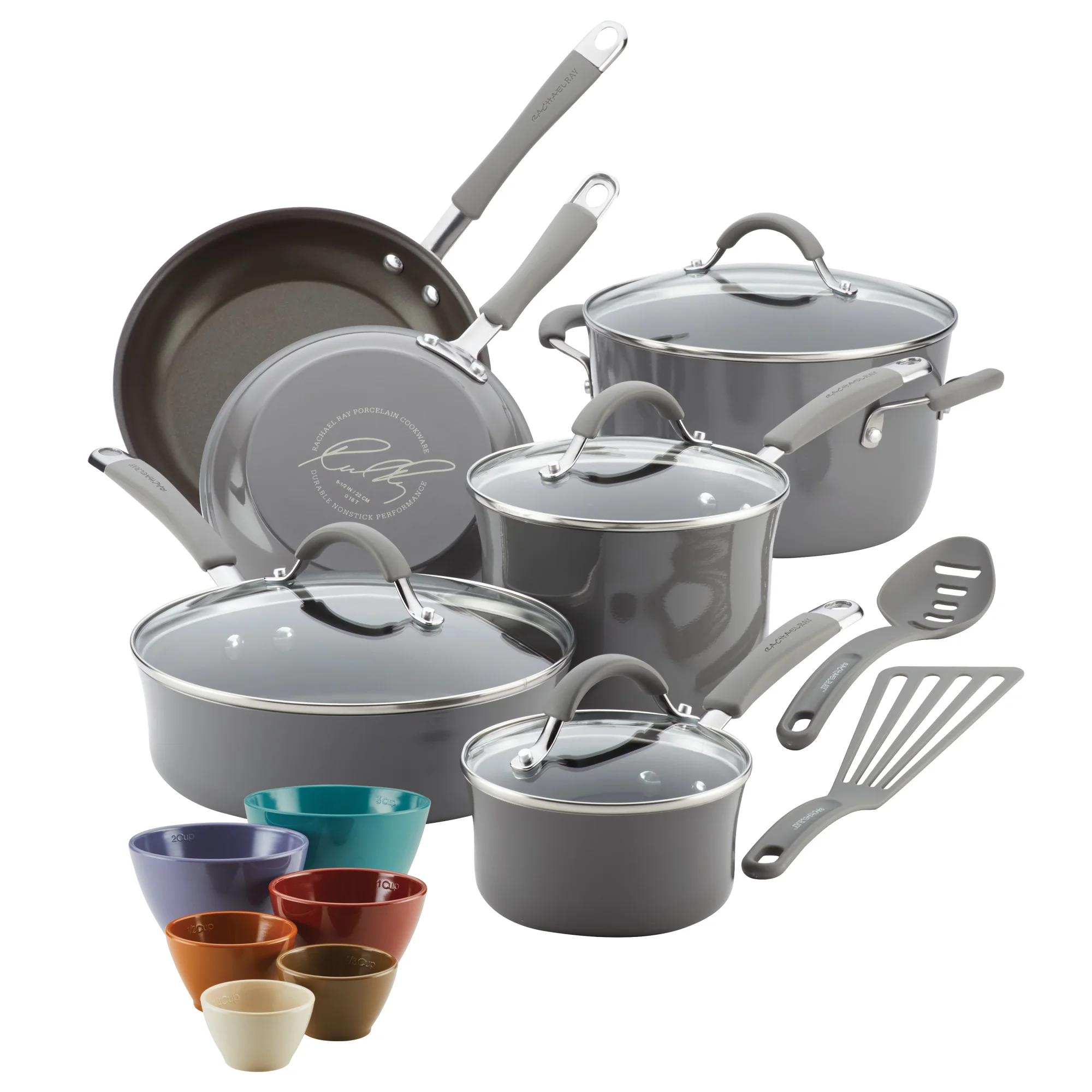 Rachael Ray Cucina Nonstick Cookware and Prep Bowl Set. 12-Piece - Gray