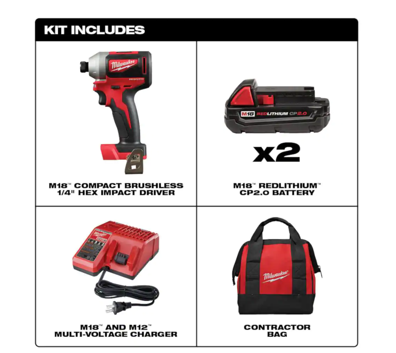 Milwaukee 2850-22CT M18 18V Lithium-Ion Brushless Cordless 1/4 in. Impact Driver Kit with Two 2.0 Ah Batteries. Charger and Hard Case