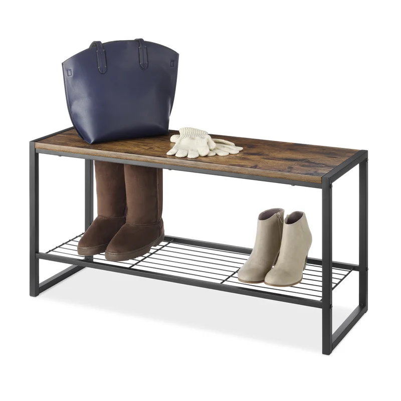 Whitmor Modern Industrial Entryway Bench w/Shoe Storage. Brown