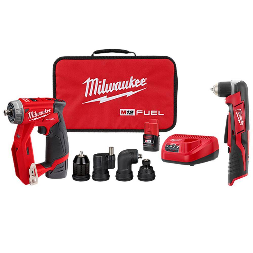 Milwaukee 2505-22-2415-20 M12 FUEL 12V Lithium-Ion Brushless Cordless 4-in-1 Interchangeable 3/8 in. Drill Driver Kit with Right Angle Drill
