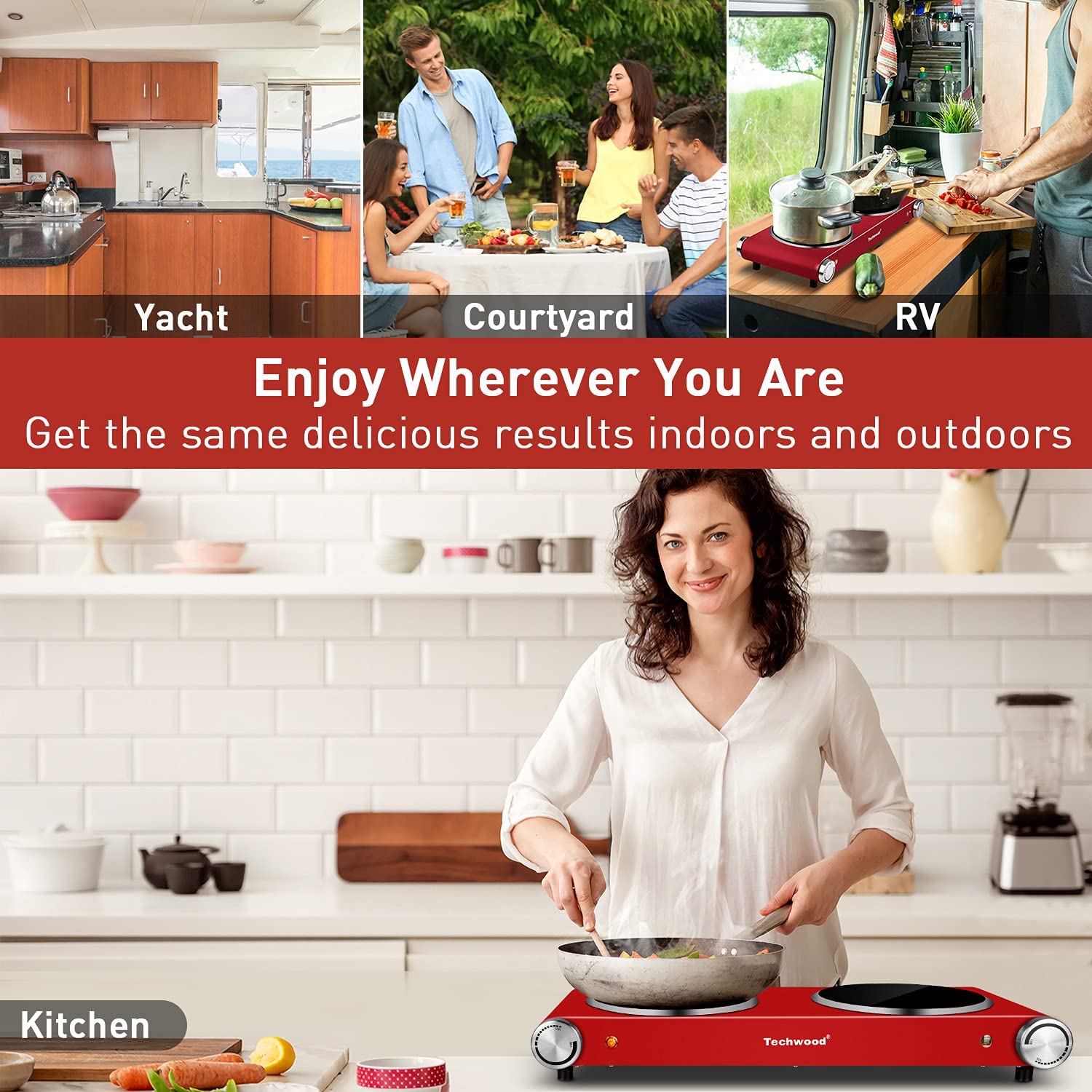 Techwood 1800W Electric Dual Hot Plate. Countertop Stove Double Burner for Cooking. Infrared Ceramic Hot Plates Double Cooktop. Red. Brushed Stainless Steel Easy To Clean Upgraded Version. Red