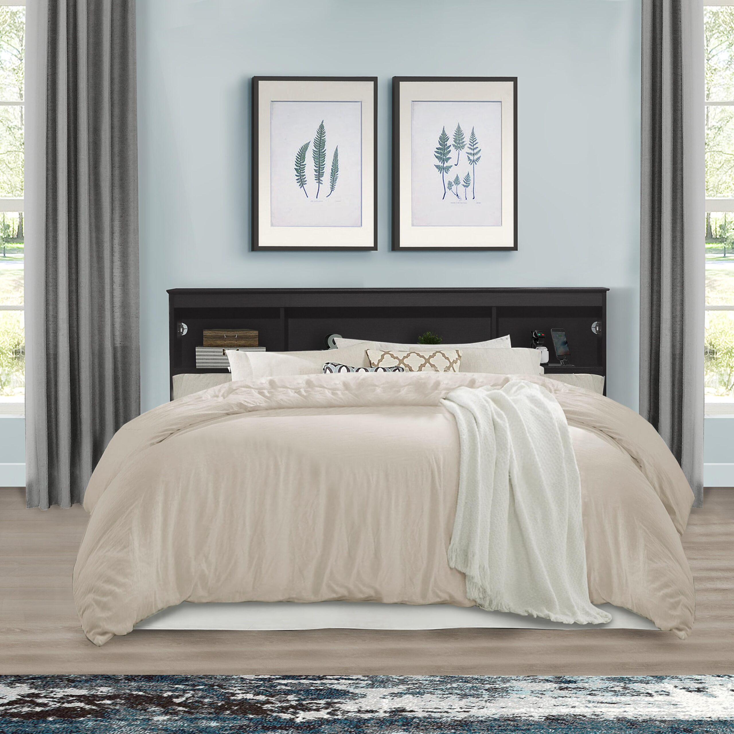 Woven Paths Carriage Hill Low Profile Bookcase Full/ Queen Headboard with 2 USB Ports. Black Oak