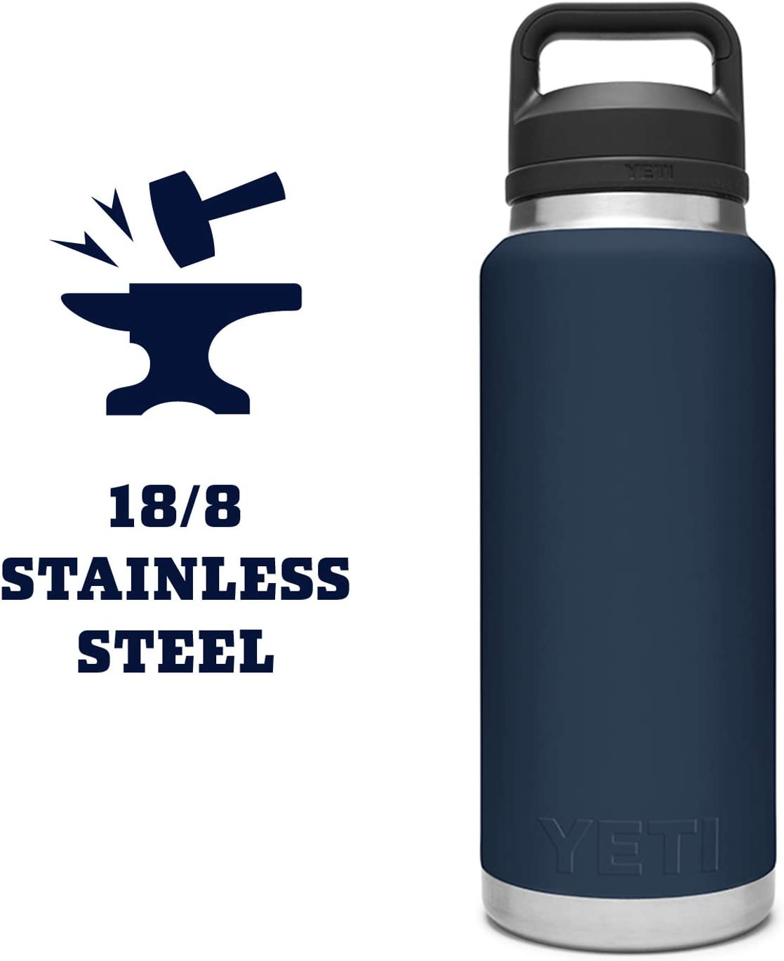 YETI Rambler 36 oz Bottle. Navy. Vacuum Insulated. Stainless Steel with Chug Cap