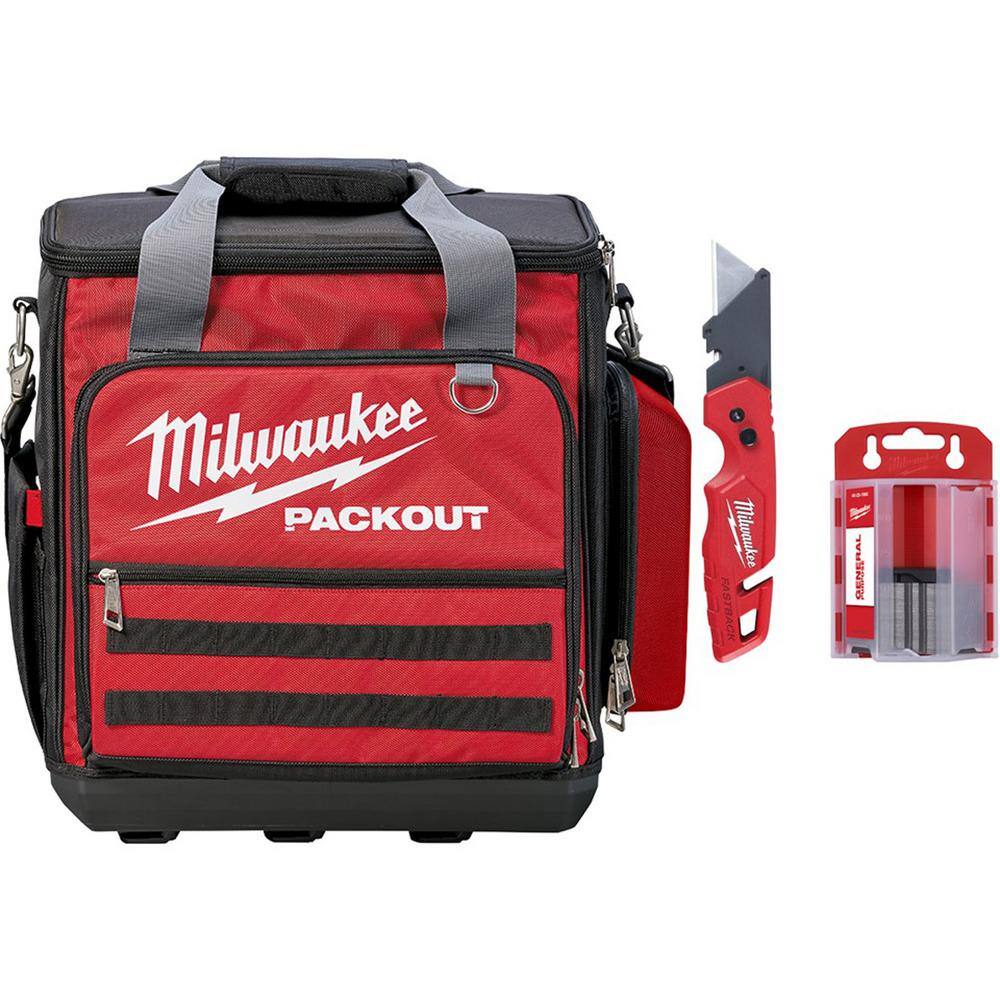 Milwaukee 48-22-8300-48-22-1504 11 in. PACKOUT Tech Tool Bag with FASTBACK Folding Utility Knife and 50-Pack General Purpose Utility Blade Set