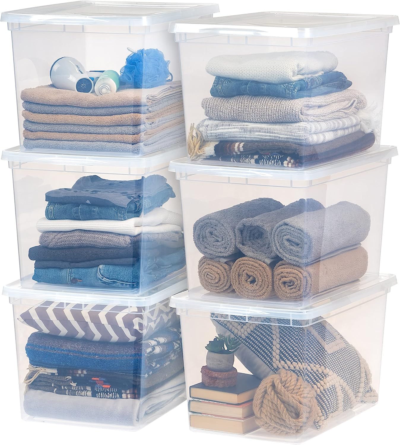 IRIS USA 68 Qt. Plastic Storage Container Bin with Latching Lid. 6 Pack. Stackable Nestable Box Tote Closet Organization School Art Supplies Towels Blankets Comforters Sleeping Bags - Clear