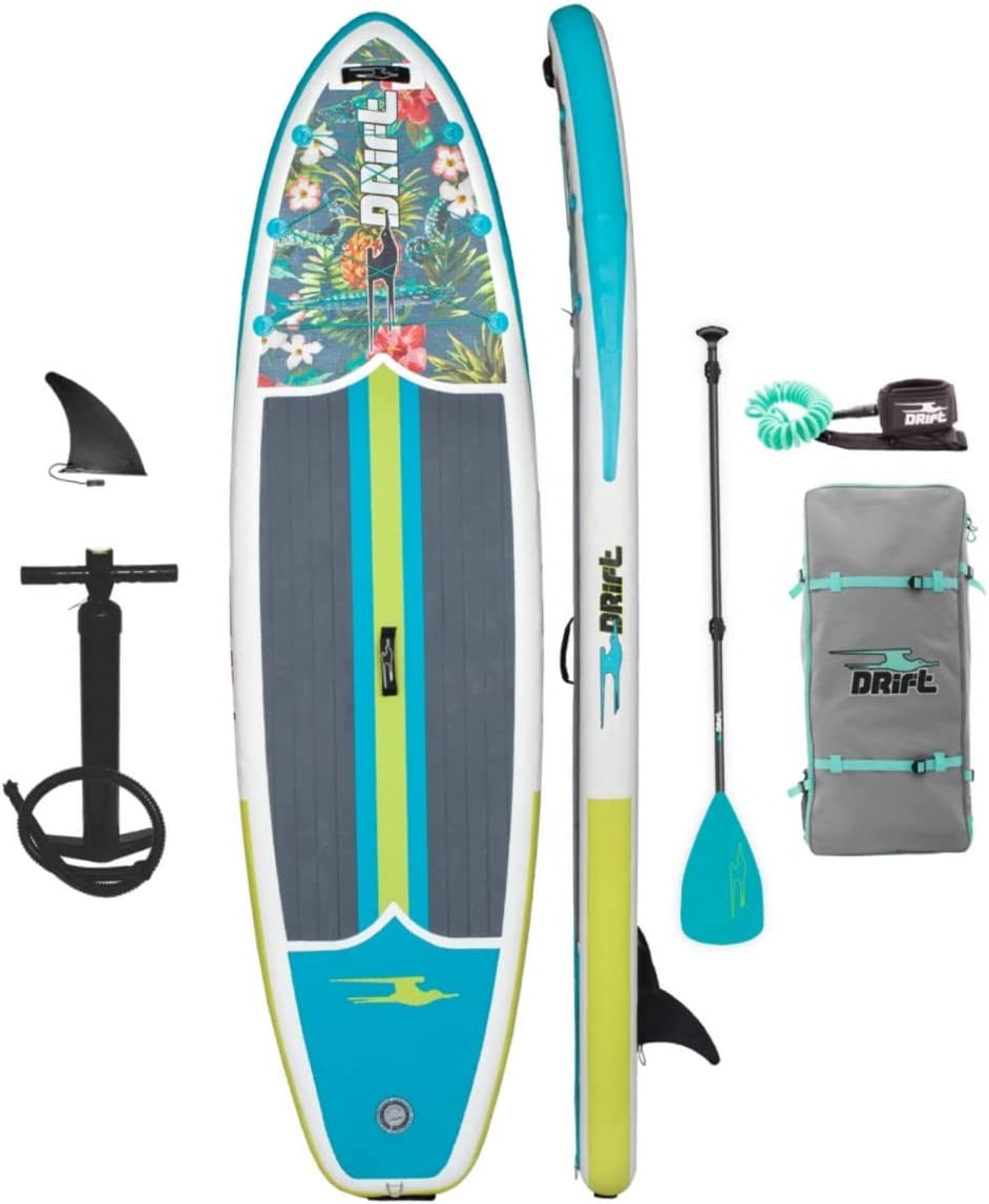 Drift Aero 10-8″ Inflatable Stand Up Paddle Board iSUP with Coiled Leash Pump Lightweight Paddle Fin & Backpack Travel Bag Adults Kids Family Friendly (Native Floral)
