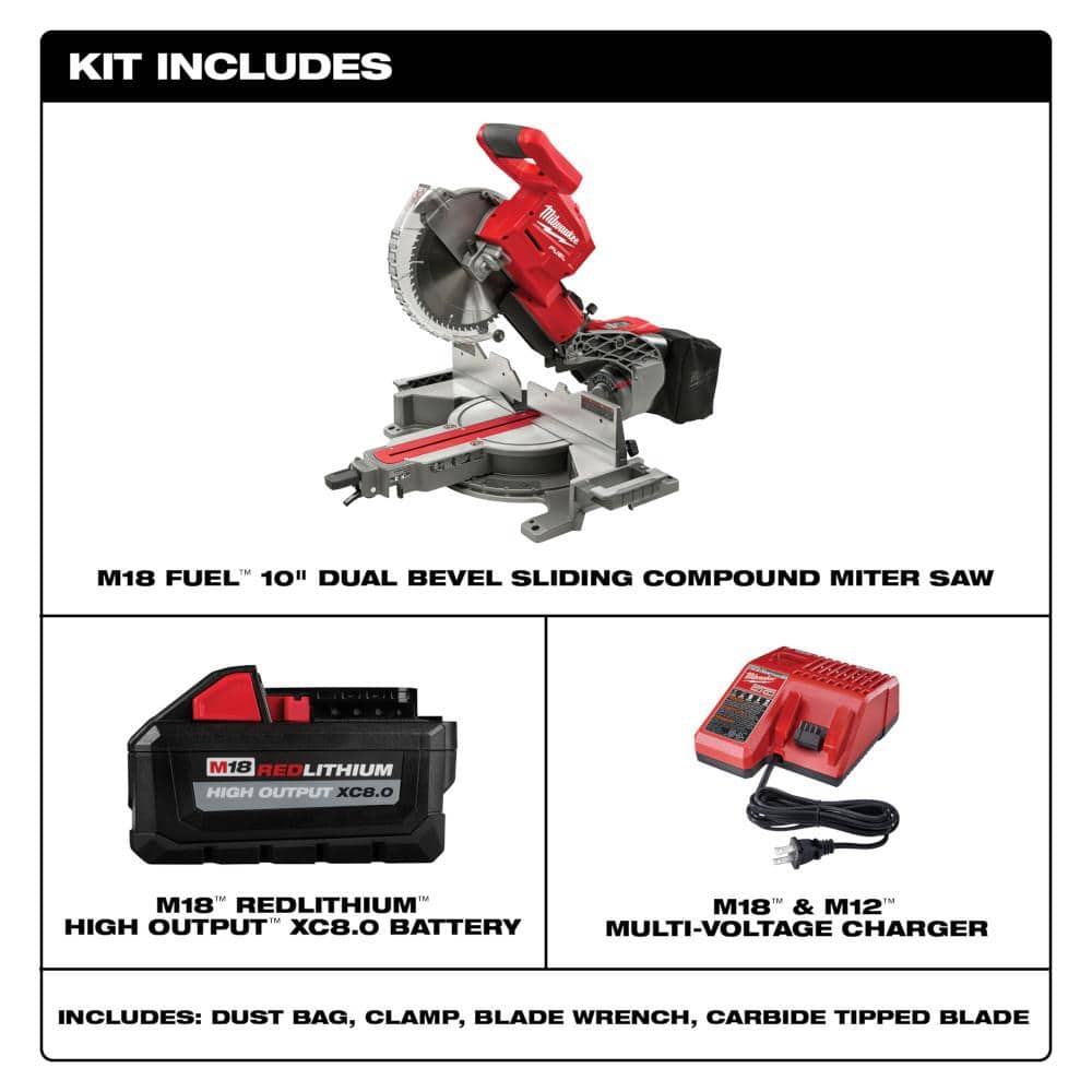 Milwaukee 2734-21 M18 FUEL 18V 10 in. Lithium-Ion Brushless Cordless Dual Bevel Sliding Compound Miter Saw Kit with One 8.0 Ah Battery