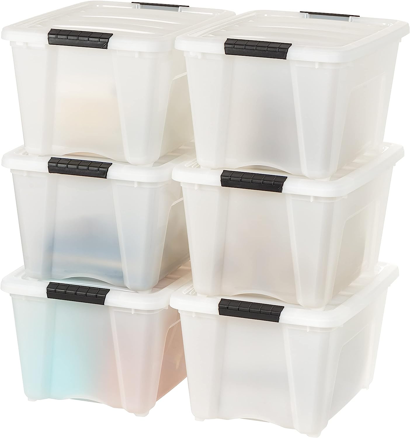 IRIS USA 32 Qt. Plastic Storage Container Bin with Secure Lid and Latching Buckles. 6 pack - Pearl. Durable Stackable Nestable Organizing Tote Tub Box Toy General Organization Medium