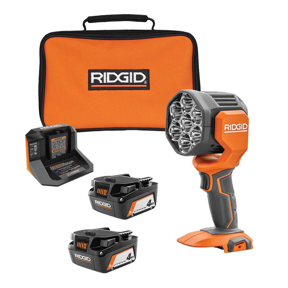 RIDGID R8699B-AC93044SBN 18V Cordless LED Spotlight with (2) 4.0 Ah Batteries. Charger. and Bag