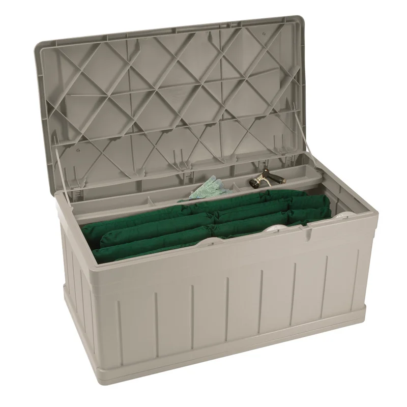Suncast DB9750 129 Gallon Large Waterproof Outdoor Storage Container for Patio Furniture. Pools Toys. Yard Tools Extended Deck Box. H27 1/2. w/Lid and Seat. Taupe
