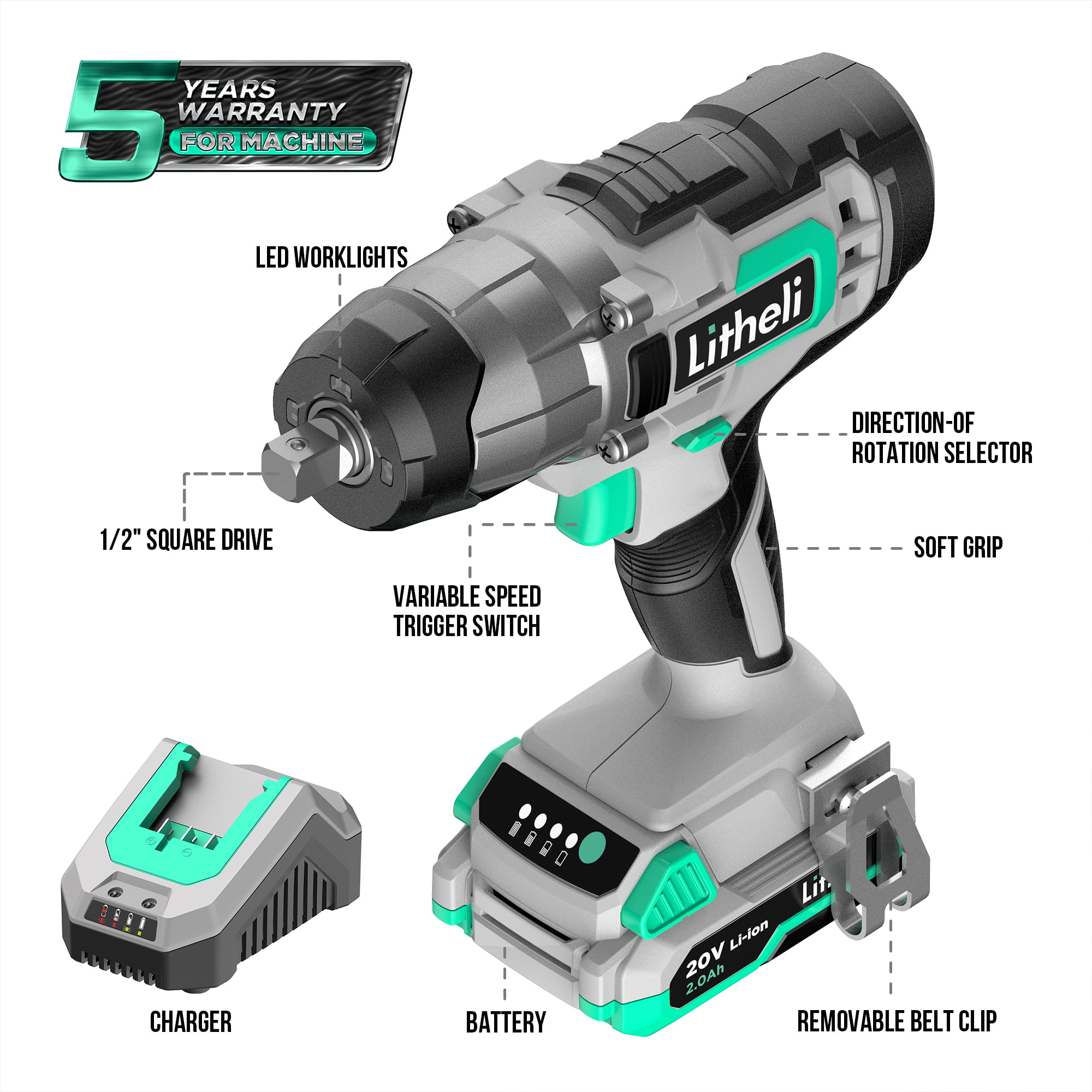 Litheli Cordless 20V Impact Wrench. 1/2 Inch High Torque Battery Impact Wrench with 2.0 Ah Battery & Charger