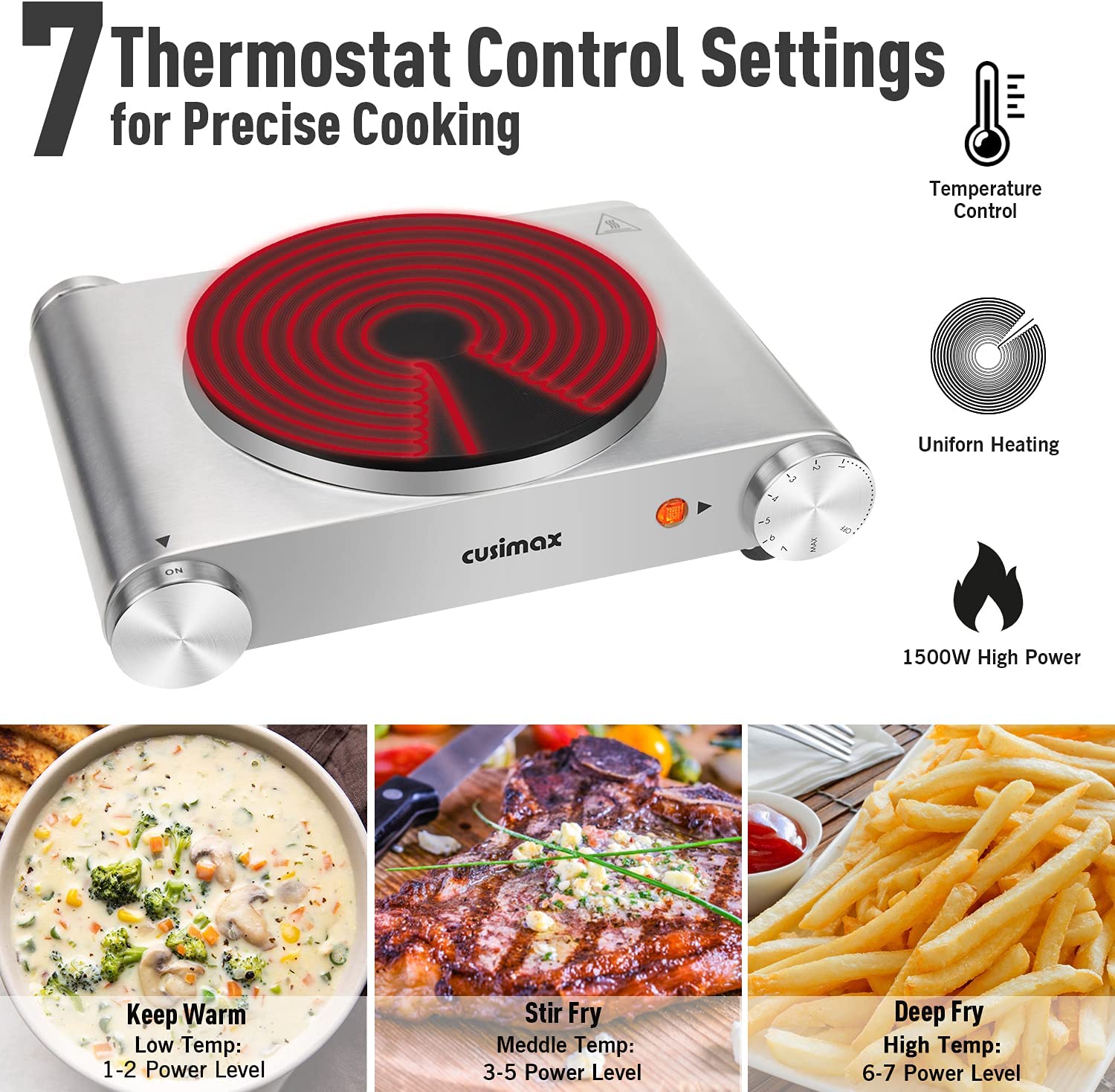 Cusimax Hot Plate Electric Burner. Non-Slip Rubber Feet. Upgraded Version. 1500W