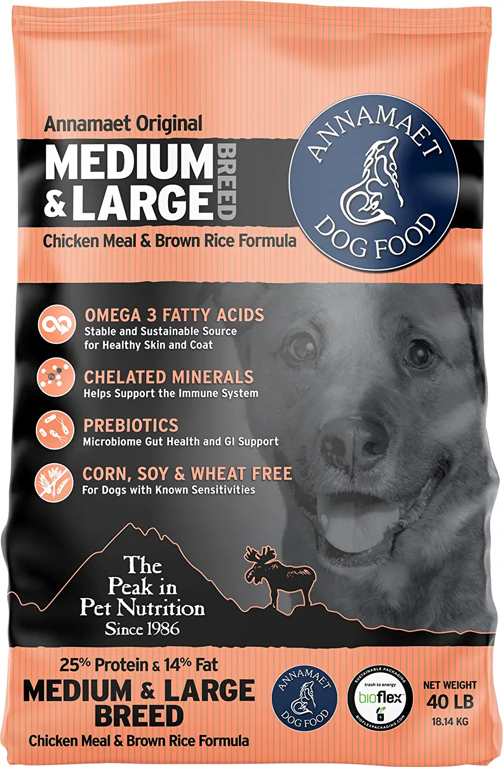 Annamaet Original Encore Formula Dry Dog Food. 25% Protein (Chicken & Brown Rice). 40-lb Bag