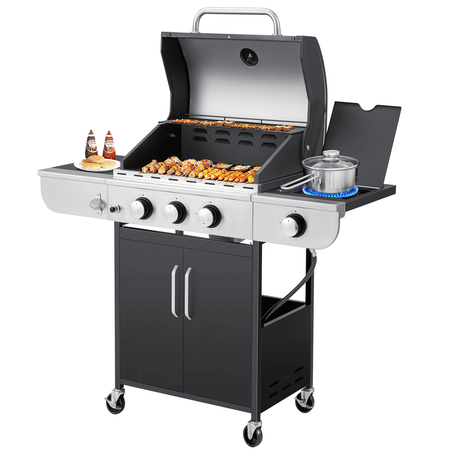 Yoleny 3 Burner BBQ Propane Gas Grill .24.000/36.000 BTU Stainless Steel with Stove and Side Table